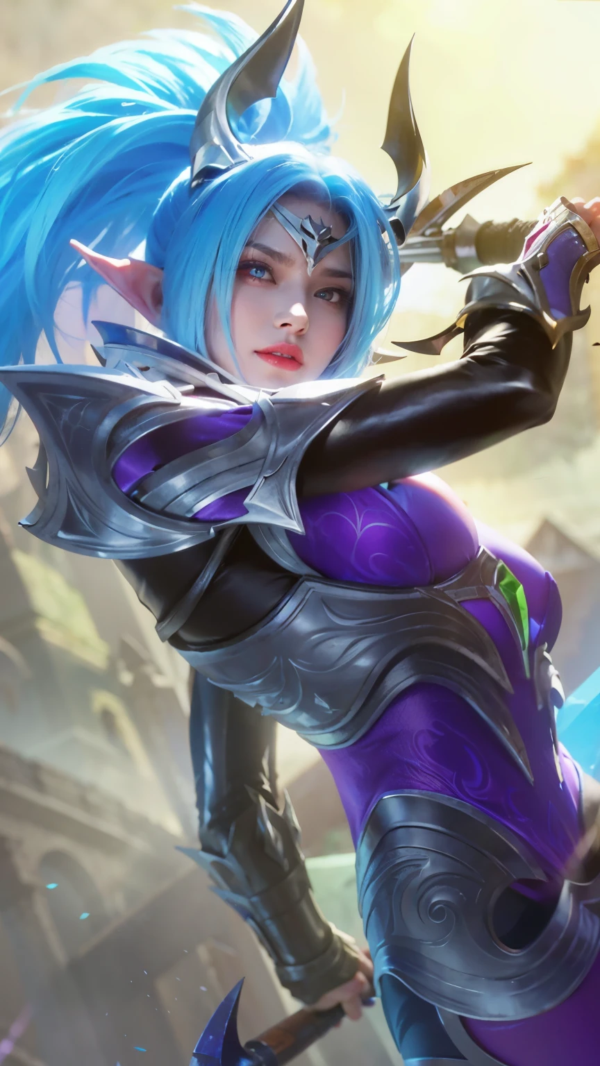 (female:1.2), 8k, ultra hd, ultra detailed texture, hyper realistic, masterpiece, detailed texture, detailed face, detailed skin, detailed lighting, (photorealistic:1.5), best quality, beautiful lighting, cinematic lighting, professional lighting, ultra highres, realistic, detailed hair, real hair, high quality, (realskin:1.5), extremely detailed, finely detail, ultra-detailed, 1girl, solo, elf, pointy ears, standing, demon horns, forehead protector, (red eyes:1.5), v-shapped eyebrow, lips, red lips, evil smile, nose, make up, pretty, beautiful, cute face, long hair, blue hair, high ponytail, large breasts, cleavage, armpit, navel, stomach, black armor, pauldrons, bare shoulders, shoulder armor, thigh high, sleevless, detached sleeves, breastplate, gauntlets, karina \(mobile legends\), depth of field, looking aways, white skin, skin tight, amazing pose, outdoors, glowing, dark view, blurry background