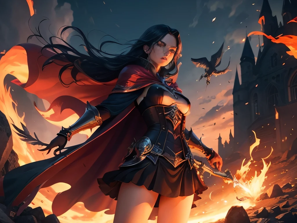 Epic, High quality, fight sorceress against demon, eis und feuer, teufel, rotes cape, magier