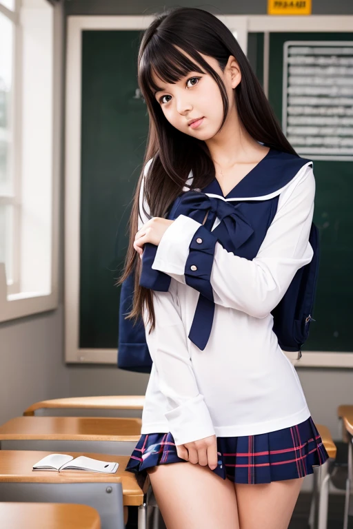 Realistic schoolgirl in sailor suit，A dark-haired，soio，‎Classroom