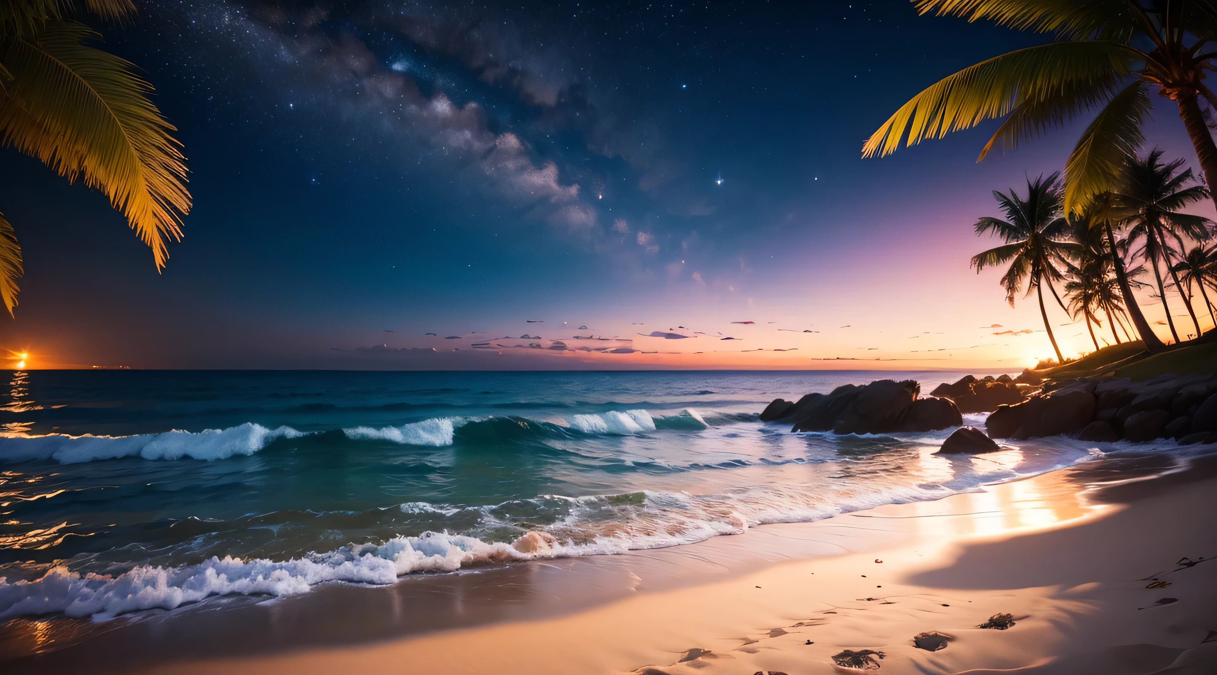 best quality,8k,highres,masterpiece:1.2,ultra-detailed,realistic,nighttime beach scene,ocean waves gently crashing on the shore,soft moonlight illuminating the sand and water,stars twinkling in the clear night sky,silhouettes of palm trees swaying in the breeze,vivid colors,subtle blue and purple hues,calm and serene atmosphere,crystal clear reflections in the water,sand glistening under the moonlight,magical and peaceful ambiance,beachgoers enjoying a peaceful walk along the shoreline,some sitting around a bonfire,soft shadows cast on the sand,gentle sound of the waves in the background