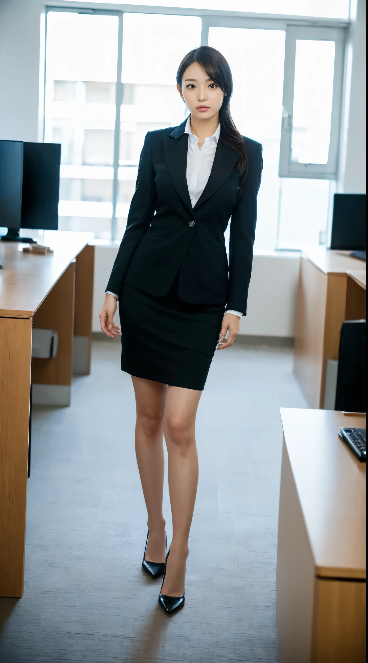 (masutepiece,High quality:1.3),(depth of fields:1.3) ,((front body:1.35)), Japanese ,woman, (Women's business black suits black midi skirt ,White collared shirt:1.2),Huge breasts,(Looking at Viewer:1.3),(full body:1.2),(Hands on hips:1.2) Inside the office by the window