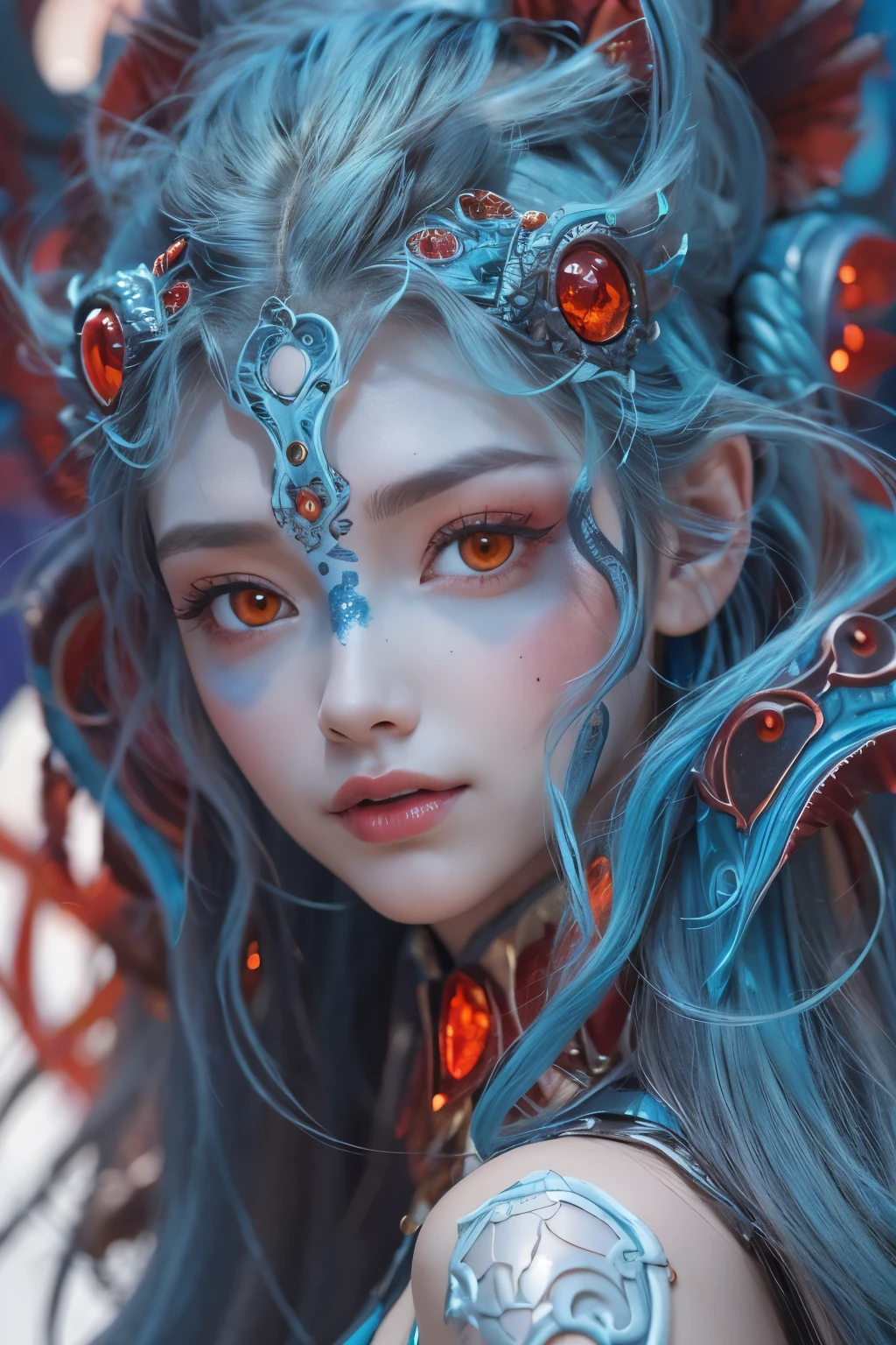 Female Alien, Beautiful face, seduces, red eyes, Full body like, A sexy, alien, No humans, an alien, cells are fused, Multiple hands, (Lots of blue tentacles) (blue skin:1.5), extraterrestrial, cell, bio image, 魅惑的, Best Quality, 8K,,4K_quality, high_Definition,Dramatic Lighting, masutepiece:1.5,cinematic quality, detail up, Intricate details:1.2, 超A high resolution, High Definition, drawing faithfully, (Thick eyebrows:1.2), (Big scarlet eyes:1.6), Beautiful eyes with fine symmetry, (Ultra detailed eyes:1.2),(Highly detailed face and eyes:1.2), (High-resolution red-eye:1.4), Intimate face, (Super detailed skin quality feeling:1.4), Perfect Anatomy,  (Beautiful toned body:1.5),  (Moist skin:1.2), No makeup, (dark circles:1.1), long canines