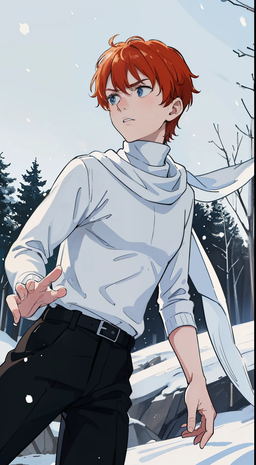 (1boy,18 years old), orange hair, blue eyes,(black pants),(((white sweater,turtleneck,white scarf ))),(snow,snowing,night,in a forest,night),((angry face,separated lips)),cowboy shot,((running,from side,looking away))