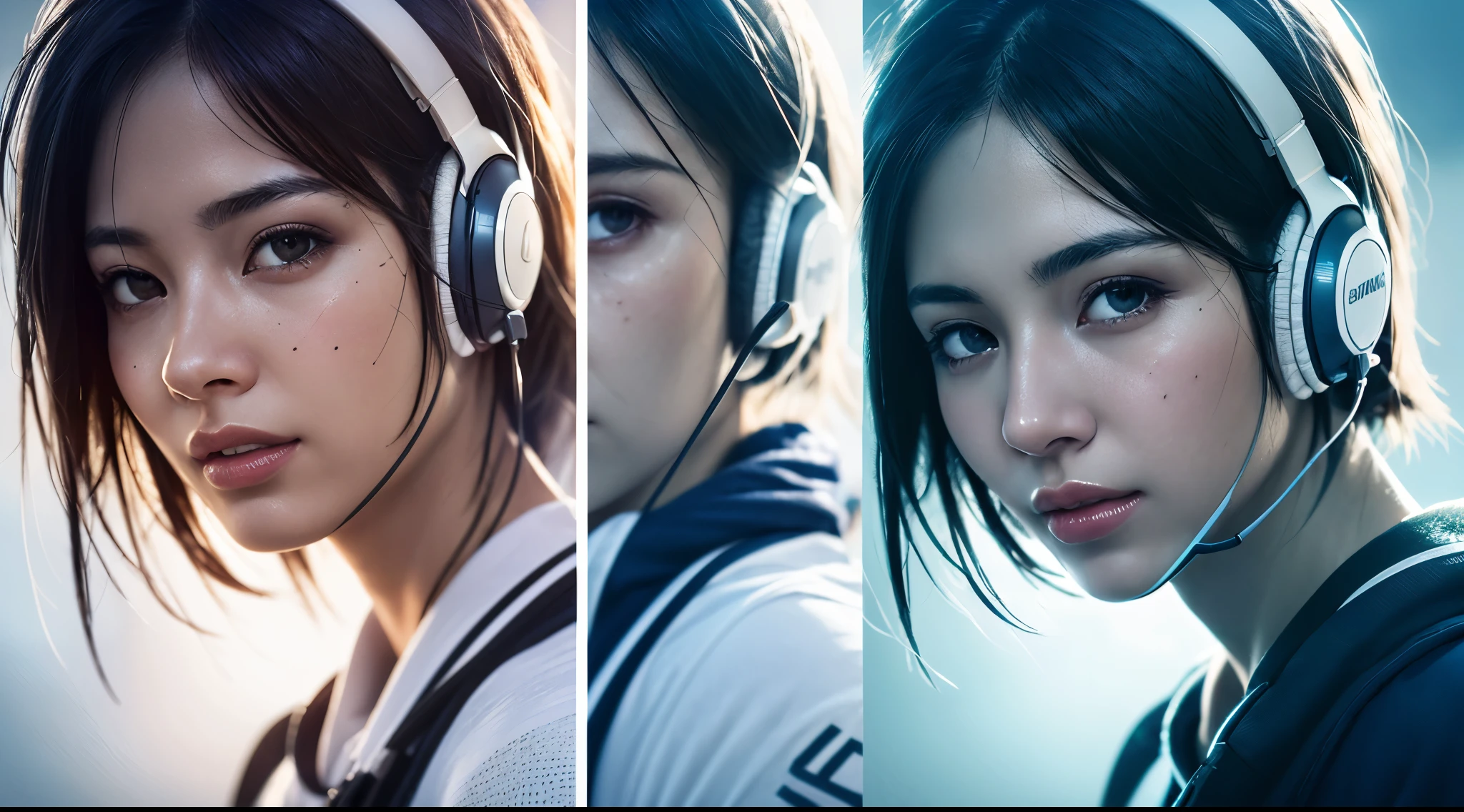 dressed, (photo realistic:1.4), (hyper realistic:1.4), (realistic:1.3), (smoother lighting:1.05), (increase cinematic lighting quality:0.9), 32K, 1girl,20yo girl, realistic lighting, backlighting, light on face, ray trace, (brightening light:1.2), (Increase quality:1.4), (best quality real texture skin:1.4), finely detailed eyes, finely detailed face, finely quality eyes, (tired and sleepy and satisfied:0.0), face closeup, t-shirts, listens to music with headphones, (Increase body line mood:1.1), (Increase skin texture beauty:1.1)