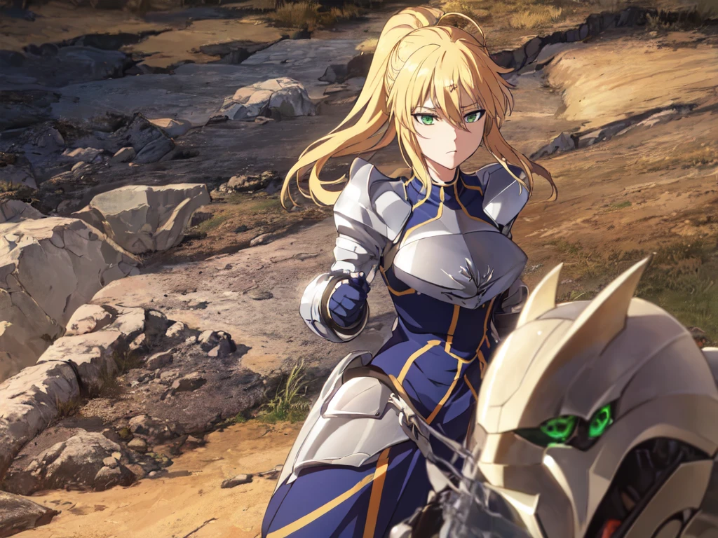 artoria pendragon, (green eyes:1.5), incomparable masterpiece, ultra 8k CG, perfect art, blonde hair, ponytail, high res, ultrasharp, 8K, ultra high resolution, beautiful detailed eyes, hyper-extreme details, best quality, perfect illustration, an extremely delicate and beautiful, extremely detailed, full body, CG, 8k wallpaper, amazing, finely detailed, official art, huge file size, ultra detailed, extremely detailed, beautiful detailed girl, extremely detailed eyes and face, sunset background, hill background, armor, confused look