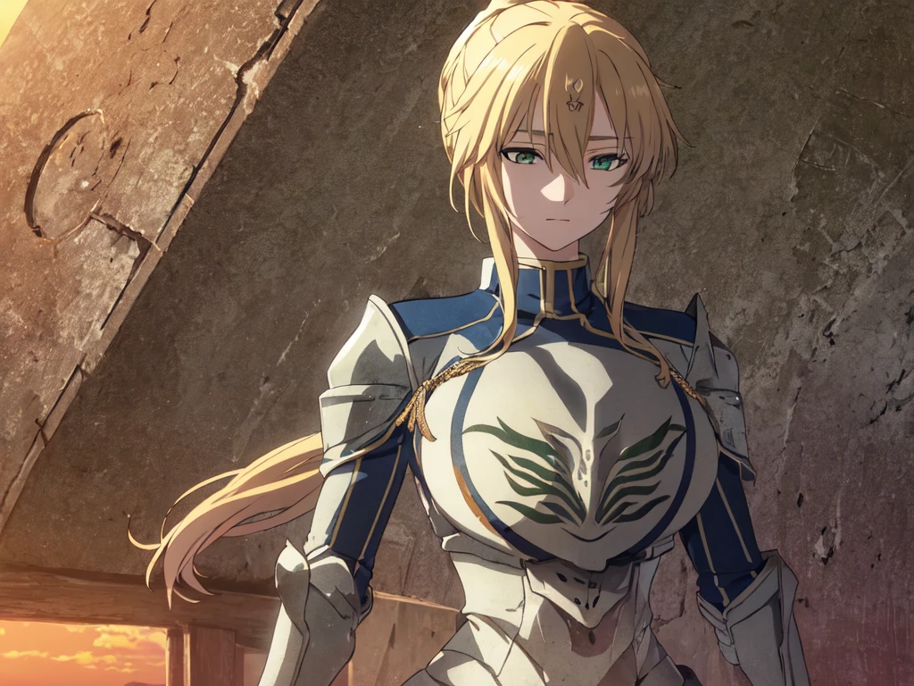 artoria pendragon, (green eyes:1.5), incomparable masterpiece, ultra 8k CG, perfect art, blonde hair, ponytail, high res, ultrasharp, 8K, ultra high resolution, beautiful detailed eyes, hyper-extreme details, best quality, perfect illustration, an extremely delicate and beautiful, extremely detailed, full body, CG, 8k wallpaper, amazing, finely detailed, official art, huge file size, ultra detailed, extremely detailed, beautiful detailed girl, extremely detailed eyes and face, sunset background, hill background, armor, confused look
