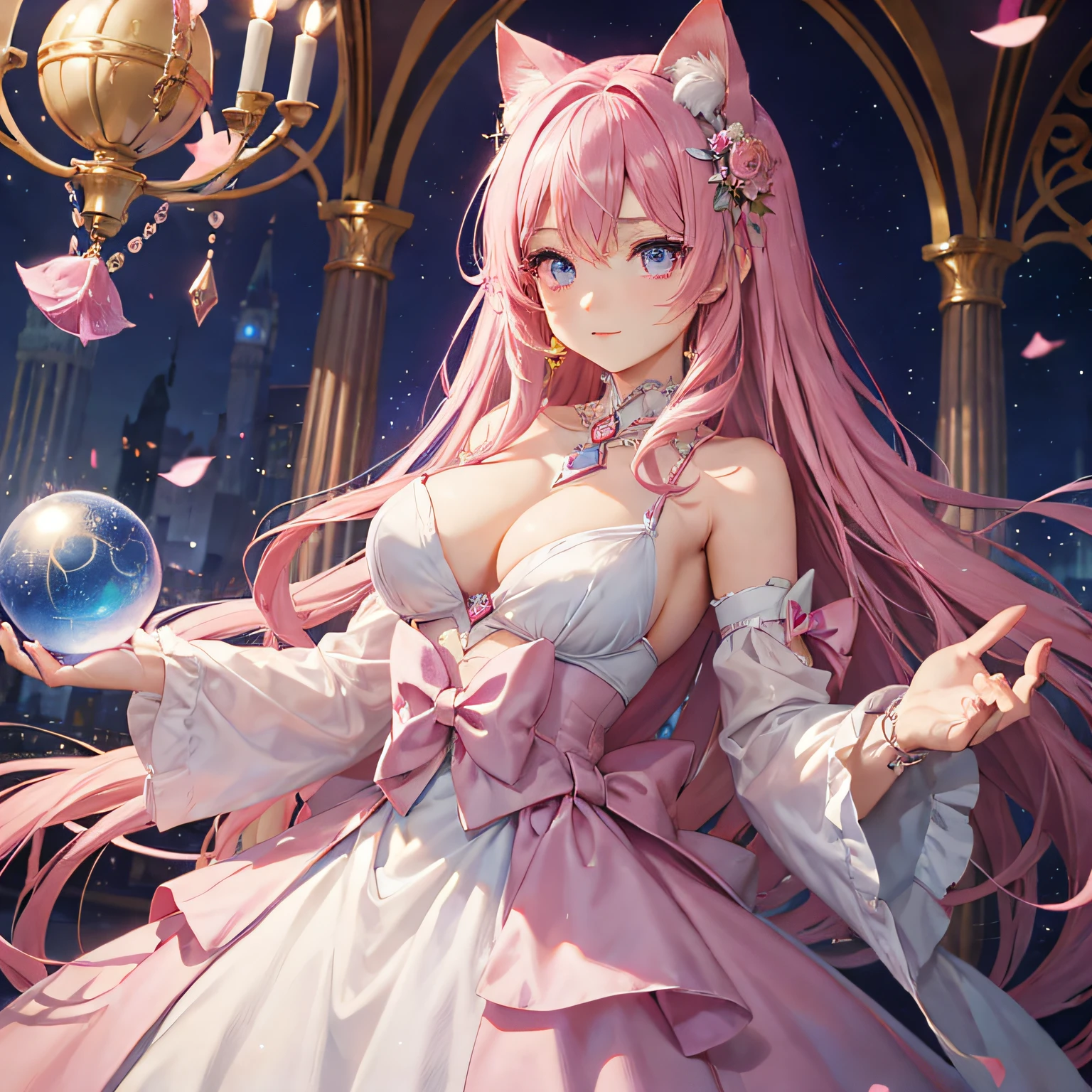 Beautiful magical girl holding an orb in her hand、Hair is pink、Eyes are blue、There are cat ears、Luxurious dresses