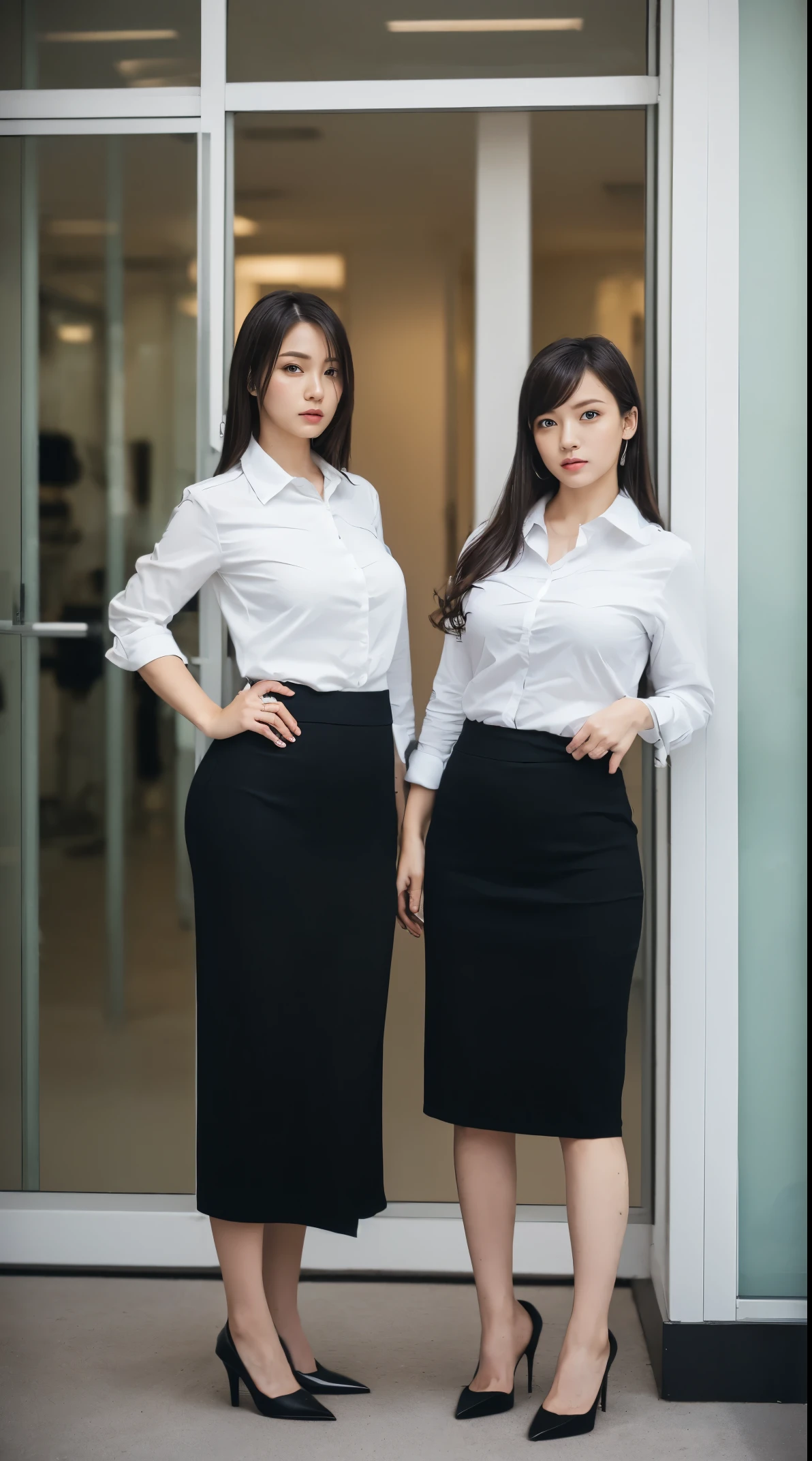 (masutepiece,High quality:1.3),(depth of fields:1.3) ,((front body:1.35)), Japanese ,woman, (Women's business black suits black midi skirt ,White collared shirt:1.2),Huge breasts,(Looking at Viewer:1.3),(full body:1.2),(Hands on hips:1.2) Inside the office by the window