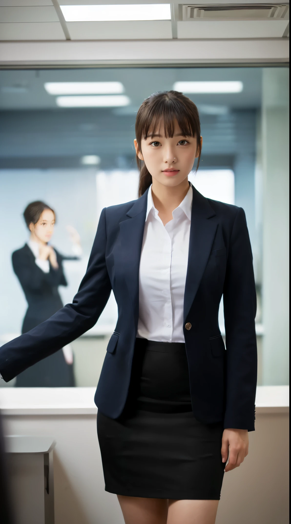 (masutepiece,High quality:1.3),(depth of fields:1.3) ,((front body:1.35)), Japanese ,woman, (Women's business black suits black midi skirt ,White collared shirt:1.2),Huge breasts,(Looking at Viewer:1.3),(full body:1.2),(Hands on hips:1.2) Inside the office by the window