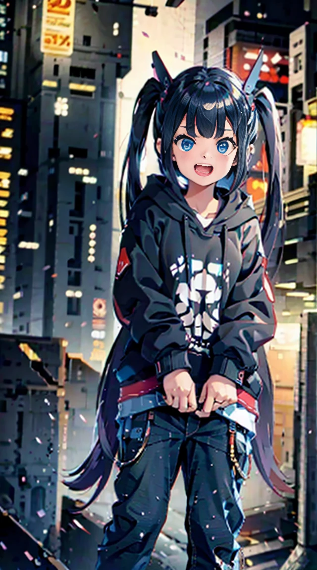 Female brat,Cute face,very long Twin tail,cute large eyes,Hoodie,jeans,nightcity,Laughing,Open mouth,masutepiece,Ultra Detail,ultra-quality,super precision,8K,No extra arms,no extra hands,No extra fingers,No extra legs,left hand in pocket,