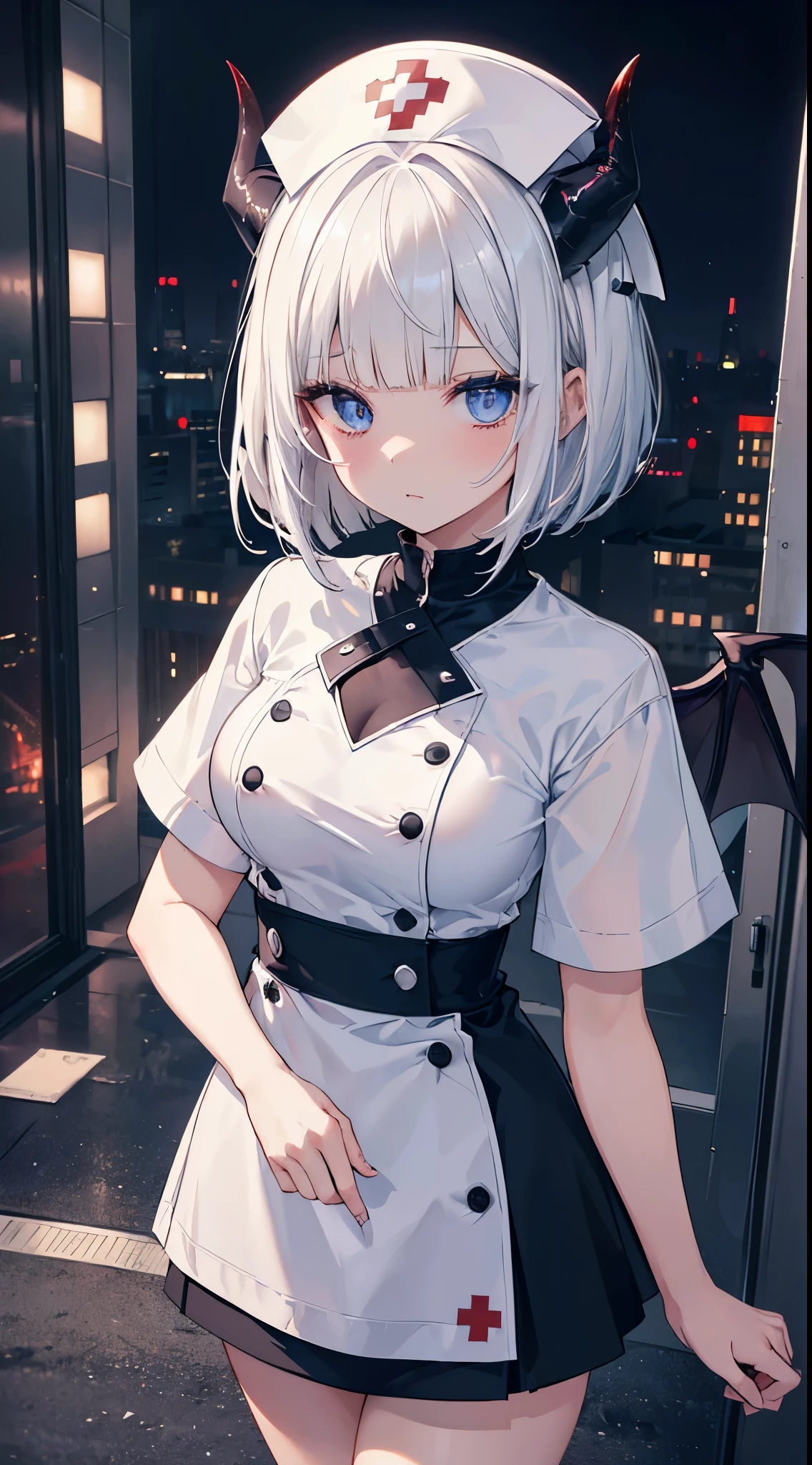 (8K、Top image quality、top-quality、​masterpiece)、A detailed face、1 girl in、white  hair、bob cut、blunt bangs、((demonic horns))、blue eyess、expression、Moderately breasts、Nurse Cap、nurse、mini pencil skirt、cowboy  shot、highrise buildings、nighttime scene、looking-down、Taken from above、cowboy  shot