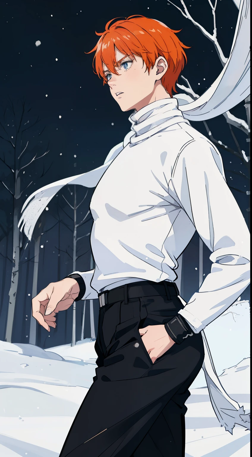 (1boy,18 years old), orange hair, blue eyes,(black pants),(((white sweater,turtleneck,white scarf ))),(snow,snowing,night,in a forest,night),((angry face,separated lips)),cowboy shot,((running,from side,looking away))