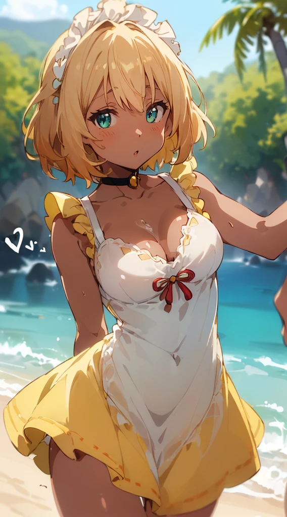 arched back:1.3, (detailed light_yellow dress, open mini dress:1.2), (drop_shape tits drooping down), (ultra detailed Kyoto animation:1.5), 8K, masterpiece, Top Quality, highres, anime, (orgasm vagina dripping with love juice), (having sex from behind hand on beach, from face, from (side:0.8)), (light-dark skin,radiant skin:1.5), (very brightly:1.3) beach:1.3, break, (spoken-heart:1.3, in heat:1.3, fucked silly:1.4), (slave choker), best proportion, perfect anatomy:1.5, (detailed blonde maid, straight-shorthair), extremely detailed green eyes:1.3),