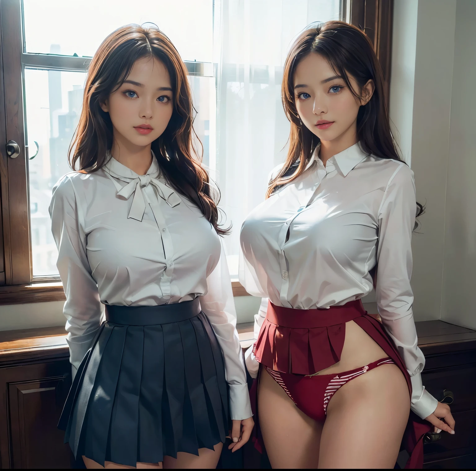 top-quality, 8K picture quality, ​masterpiece, (Professional lighting without shadows), (Two women stand and show off their panties:1.3), (Perfect body and huge breasts squeezed by clothes:1.2), Bright whitening skin, (Bright and beautiful blue eyes with plump red tear bags reflect a lot of light.)、 (A tight pure white blouse that hides all of her huge breasts:1.2), Crimson Ribbon Tie, (Amazingly short micro mini pleated skirt), (Do not expose upper body skin:1.3), (Show off your beautiful thighs and ultra-slim waist from the front), (above the knee while standing), Huge breasts compressed by clothes, (Show off your panties:1.3), skirtliftr.two people