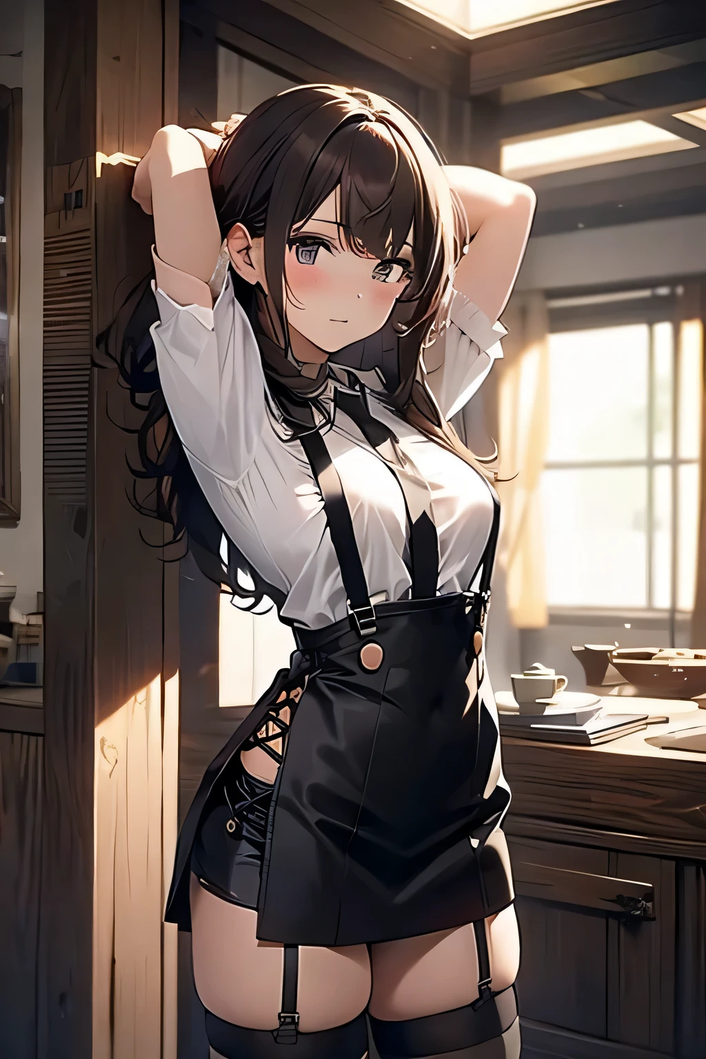 Brown hair、watching at viewers black suspenders bulging big tits walls: Black miniskirt garters Gaze a small face bangss holster Beautuful Women Hands up レッグholster ベッドに横たわる Gaze black boots panty shot Provocation flank flank汗 Soio arms are