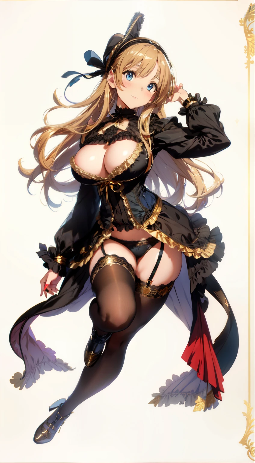 (Masterpiece, High Quality, High-Detailed, Detailed CG, Cinematic Lighting, Beautiful Detailed Eyes, Ultra Resolution, Full Body Shot), (Erotic Suggestiveness:1.0), (Victorian Aesthetic Outfit:1.5), (Gold and Black Color Victorian Aesthetic Outfit:1.5), (Exposed Breast Dress:1.0), NSFW, Five Finger, Huge-Breast, Thigh, Anime Girl Lifting Up its Skirt, Black-Pantyhose, Fishnet-Pantyhose, Blue-Eye, Long Hair, Golden-Hair, Exposed Panties, Black Panties, Victorian Background