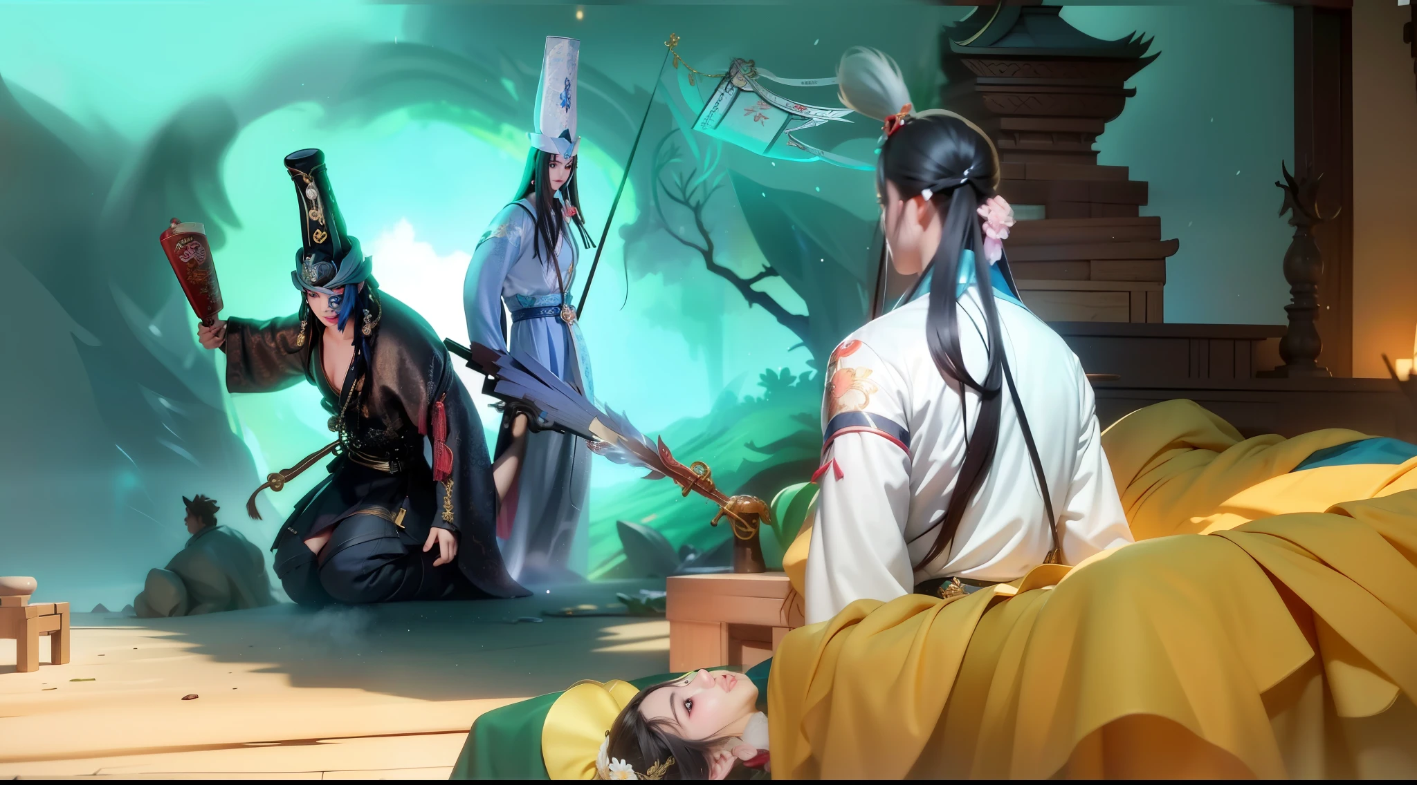 There was a woman sitting on the bed，With a cup of coffee in his hand, onmyoji detailed art, onmyoji, yiqiang and shurakrgt, inspired by Guan Daosheng, wuxia, Korean massively multiplayer online gamesrpg, Korean massively multiplayer online games, full-body wuxia, from the three kingdoms, korean mythology, Popular topics on cgstation