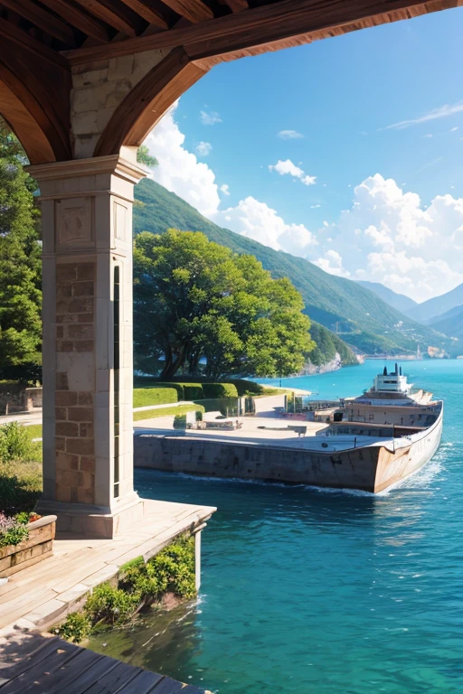 a large body of water with a boat in it, by Giorgio Cavallon, les nabis, wall wood fortress, helipad, port, maze