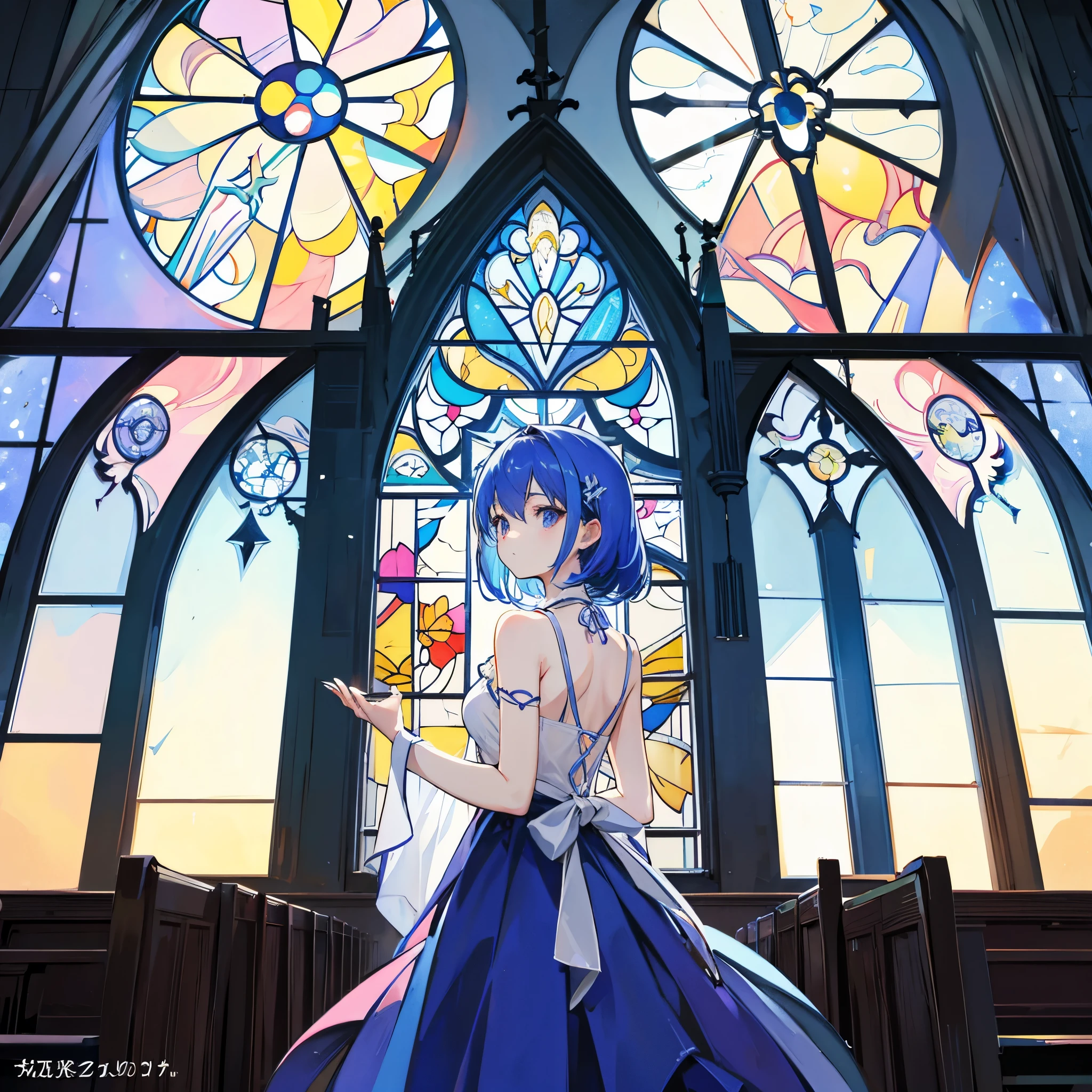 low angle、leaning back、girl、beautiful scene of church、stained glass、pew、backlighting