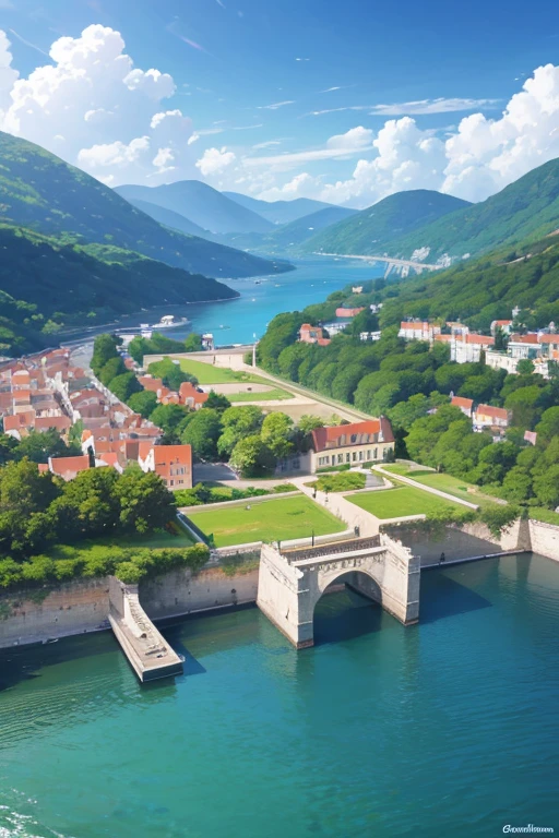 a large body of water with a boat in it, by Giorgio Cavallon, les nabis, wall wood fortress, helipad, port, maze