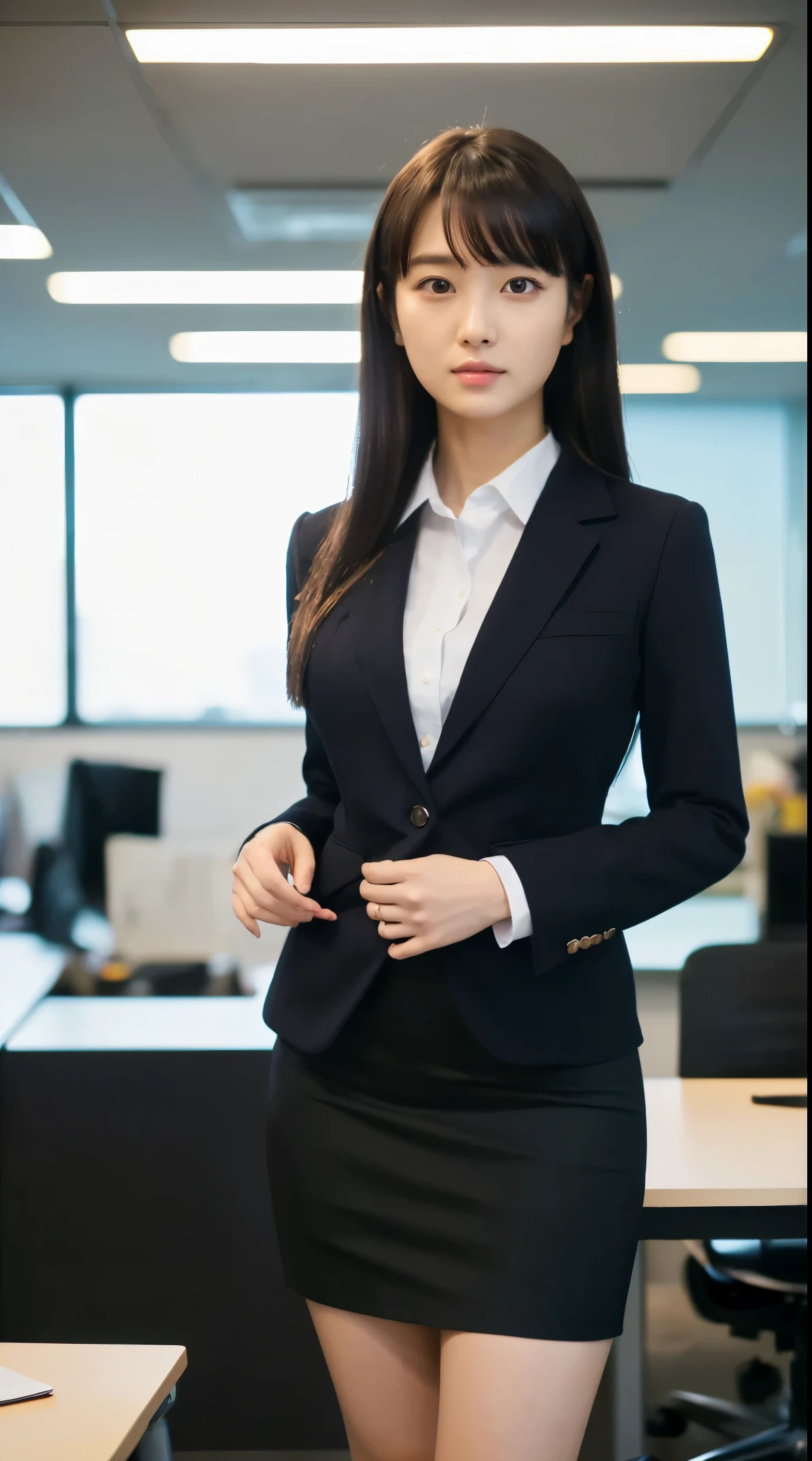 (masutepiece,High quality:1.3),(depth of fields:1.3) ,((front body:1.35)),  Japanese ,woman, (Women's business black suits black midi skirt ,White collared shirt:1.2),Huge breasts,(Looking at Viewer:1.3),(full body:1.2),(Hands on hips:1.2) Inside the office by the window