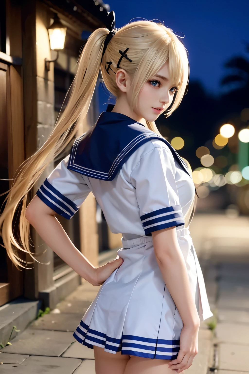 Marie Rose、blondehair、(masutepiece, Best Quality:1.2), 8K, Official art, Raw photo, Full Baudeville Four、cute butt、Back angle、校服を脱ぐ途中、turned around、skinny、14years、small tits、unbelievable Ridiculous, (Upper body, 校服、a sailor suit:1.4), Beautiful Girl, Pretty Face, arching back down,、Gold hair ornament on hair、close up, a sailor suit服, Short sleeve, violaceaess, , Street, Looking at Viewer, Film grain, chromatic abberation, Sharp Focus, face lights, Dynamic lighting, Cinematic lighting, Eyes and faces with detailed, Bokeh background,