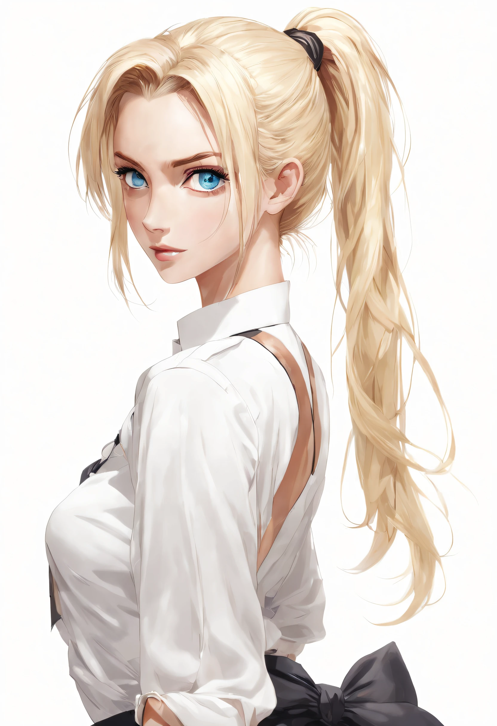 POV, ((masutepiece, Best Quality)), Upper body, 1girl in, Solo, (White background:1.3), ( Background:1.3), Ponytail & hair,a blond, Blue Eye, White blouse, Looking at Viewer,