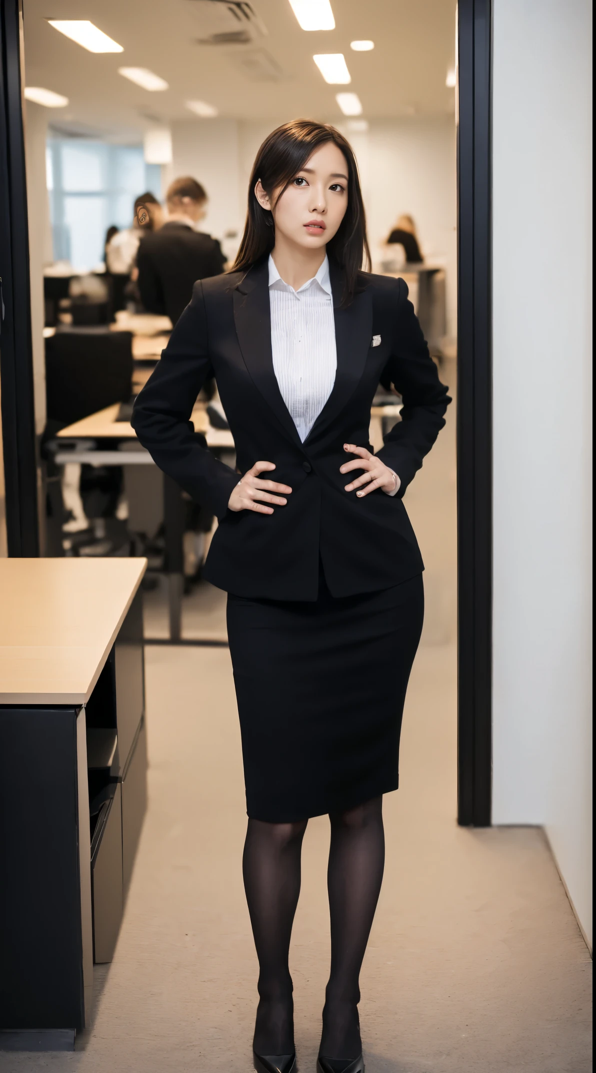 (masutepiece,High quality:1.3),(depth of fields:1.3) ,((front body:1.35)),  Japanese ,woman, (Women's business black suits black midi skirt ,White collared shirt:1.2),Huge breasts,(Looking at Viewer:1.3),(full body:1.2),(Hands on hips:1.2) Inside the office by the window