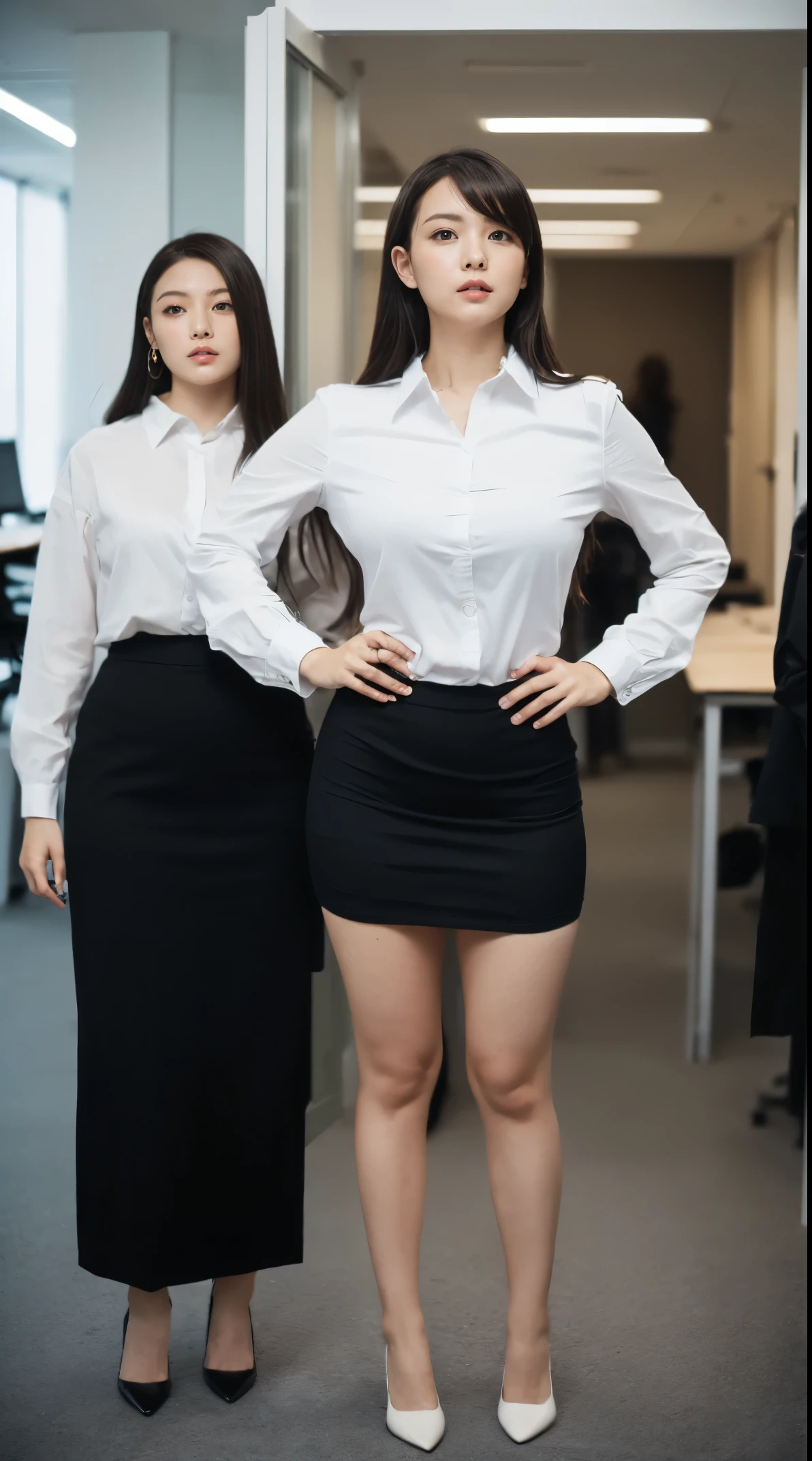(masutepiece,High quality:1.3),(depth of fields:1.3) ,((front body:1.35)), Japanese ,woman, (Women's business black suits black midi skirt ,White collared shirt:1.2),Huge breasts,(Looking at Viewer:1.3),(full body:1.2),(Hands on hips:1.2) Inside the office by the window