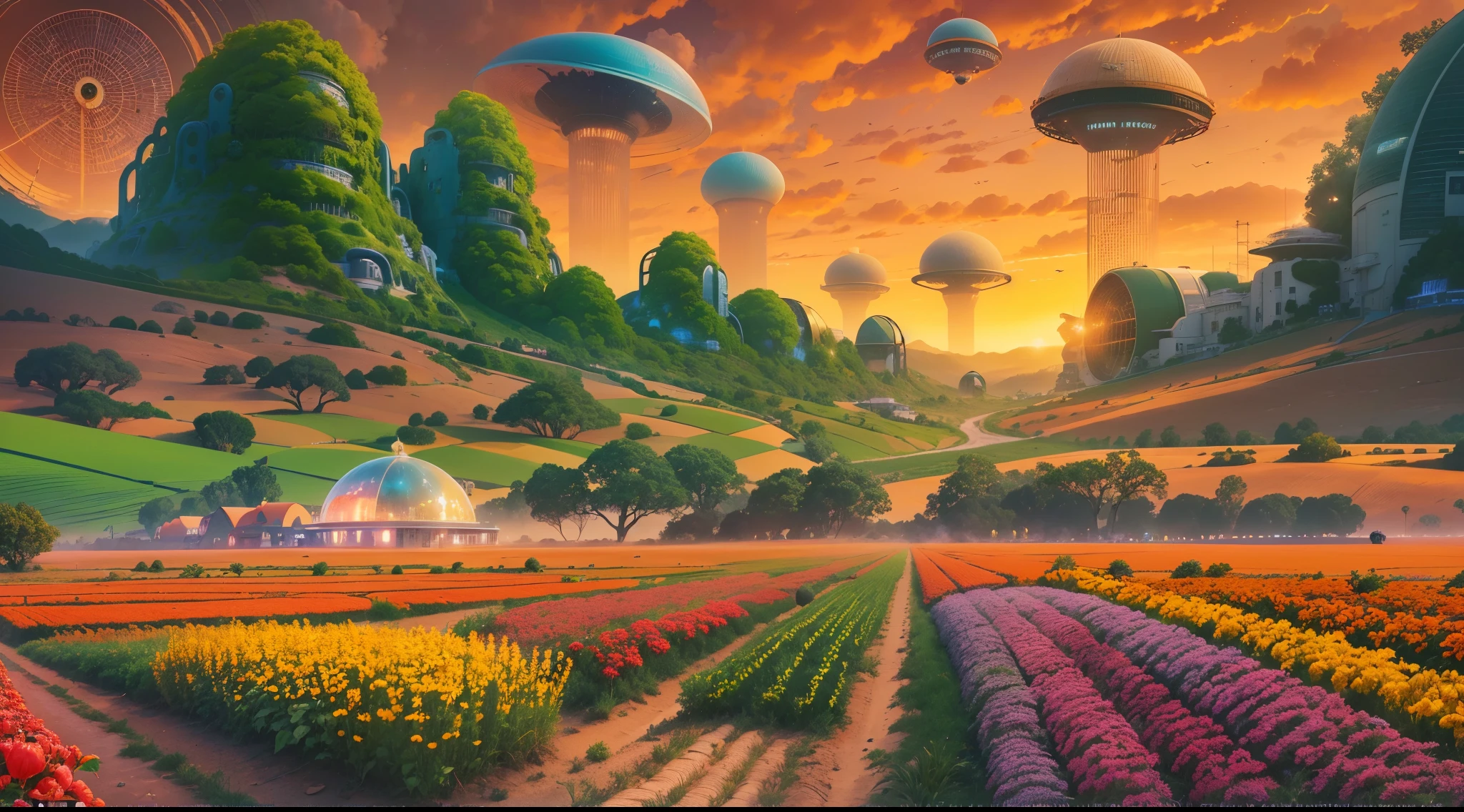 Magnificent landscape paintings, extraterrestrial farm life, aliens wearing futuristic farm uniforms, precise and cautious care of crops, futuristic agricultural scenes, rich colors, sunsets, rich fruits and vegetables, fields, wealth, prosperity, transparent domes covering farms, surreal atmosphere, extraordinary scenery, unusual extraterrestrial architecture, harmonious coexistence between aliens and nature, vibrant colors blending with cosmic hues, Unique alien plants, science fiction concept art.(best quality,4k,8k,highres,masterpiece:1.2),ultra-detailed,(realistic,photorealistic,photo-realistic:1.37).