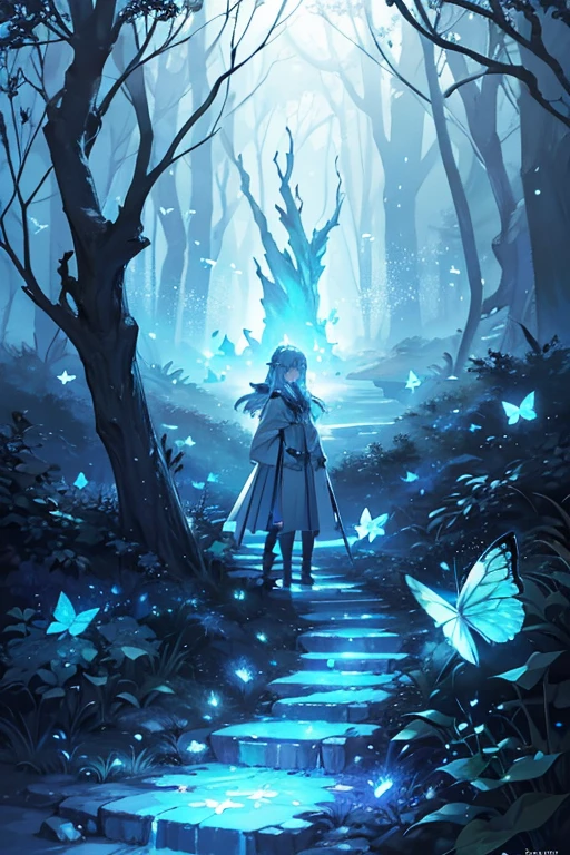 There is a path in the middle of the forest，leaves will shine, glowing crystals on the ground, glowing butterflies, cave glowing stones, Glowing Elves, Glowing spores fly, Glowing blue butterfly, glowing eyes everywhere, Crystals illuminate the scene, glowing firebugs, distant glowing figures, There are little fireflies everywhere, Magical glowing eyes, glowing sphere, beautiful anime scenes