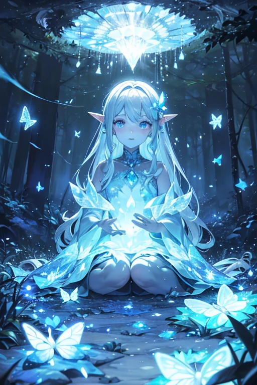 There is a path in the middle of the forest,leaves will shine, glowing crystals on the ground, glowing butterflies, cave glowing stones, Glowing Elves, Glowing spores fly, Glowing blue butterfly, glowing eyes everywhere, Crystals illuminate the scene, glowing firebugs, distant glowing figures, There are little fireflies everywhere, Magical glowing eyes, glowing sphere, beautiful anime scenes