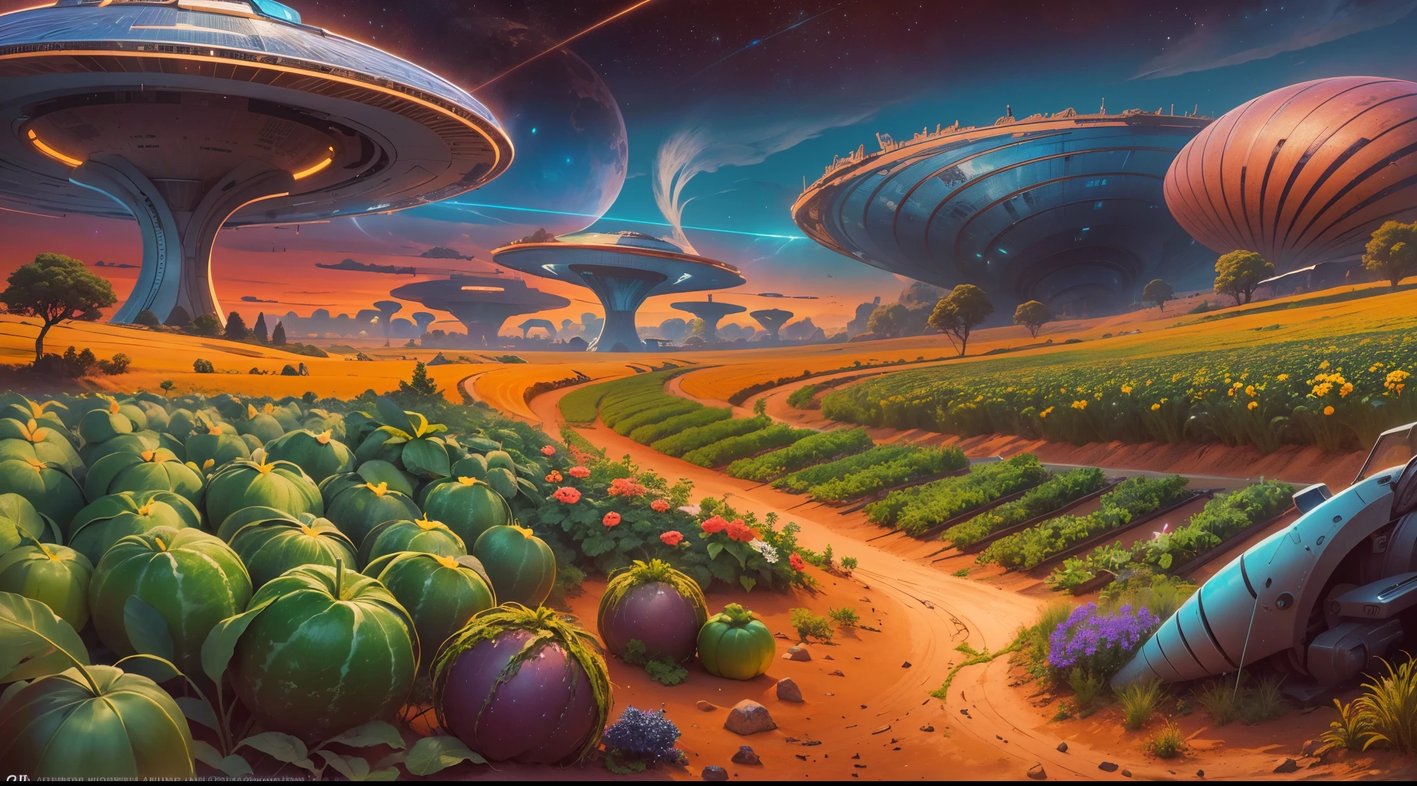 Magnificent landscape paintings, extraterrestrial farm life, aliens wearing futuristic farm uniforms, precise and cautious care of crops, futuristic agricultural scenes, rich colors, sunsets, rich fruits and vegetables, fields, wealth, prosperity, transparent domes covering farms, surreal atmosphere, extraordinary scenery, unusual extraterrestrial architecture, harmonious coexistence between aliens and nature, vibrant colors blending with cosmic hues, Unique alien plants, science fiction concept art.(best quality,4k,8k,highres,masterpiece:1.2),ultra-detailed,(realistic,photorealistic,photo-realistic:1.37).