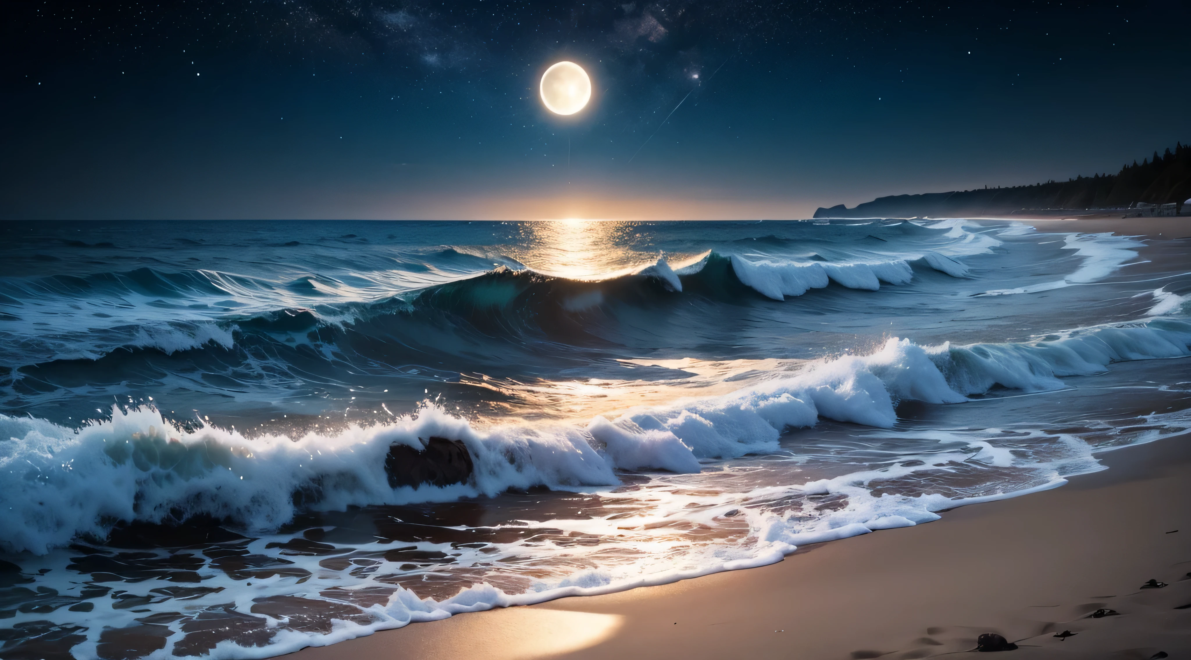 dark beach, with small moon and many stars