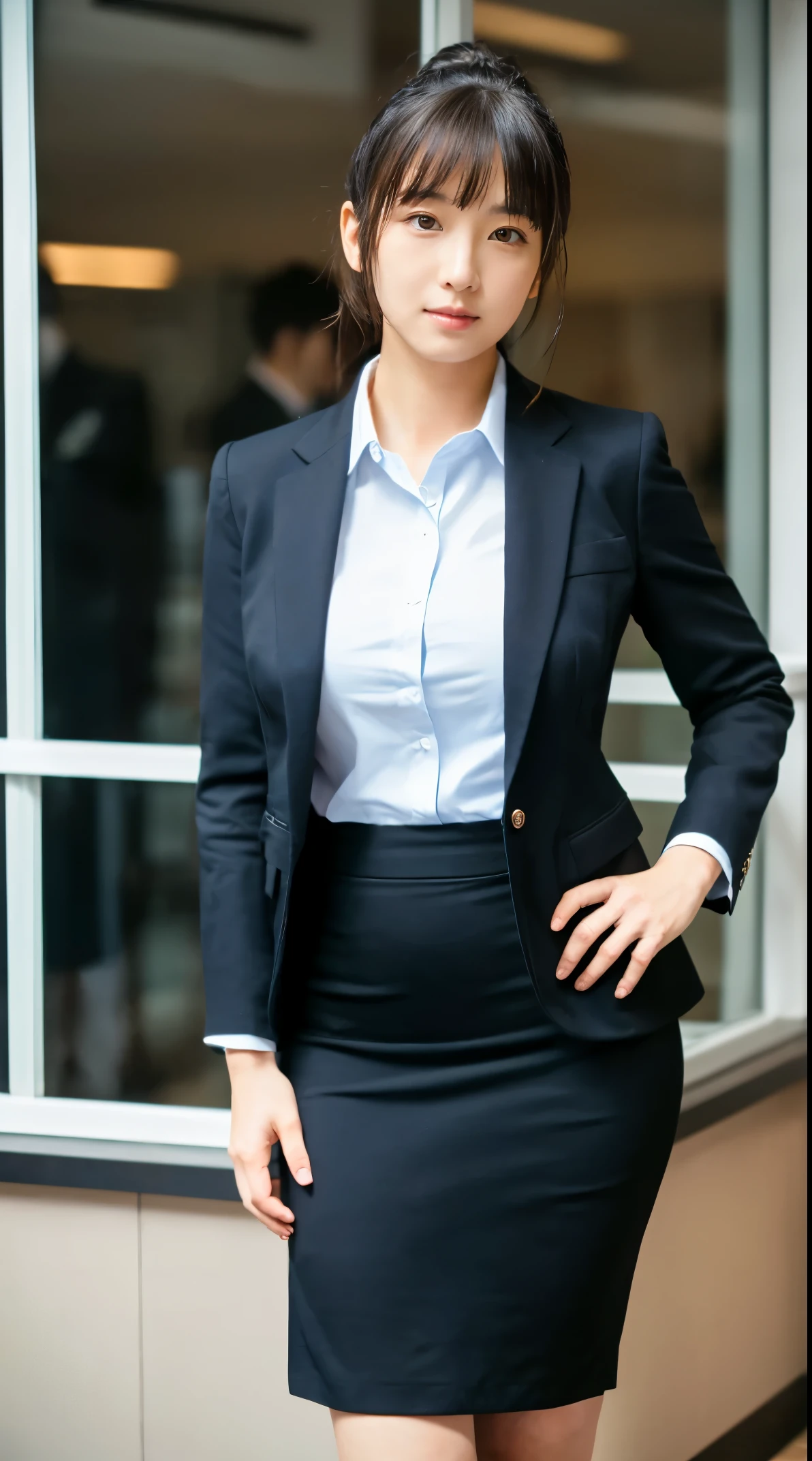 (masutepiece,High quality:1.3),(depth of fields:1.3) ,((front body:1.35)),  Japanese ,woman, (Women's business black suits black midi skirt ,White collared shirt:1.2),Huge breasts,(Looking at Viewer:1.3),(full body:1.2),(Hands on hips:1.2) Inside the office by the window