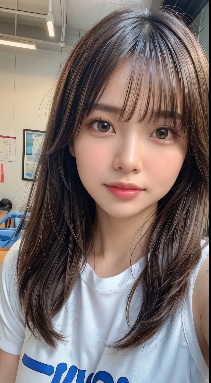 (8k,masterpiece, RAW photo,best quality:1.4),(photo realistic:1.2),(extremely detailed face),(shiny skin),(detailed skin),(detailed face),(extremely beautiful face),1girl,looking at viewer,Japanese idle(actress), brown hair,medium hair,straight hair,asymmetrical bangs,smile,glamor,large breasts,buruma,gym_uniform,classroom ,selfie,natural lighting