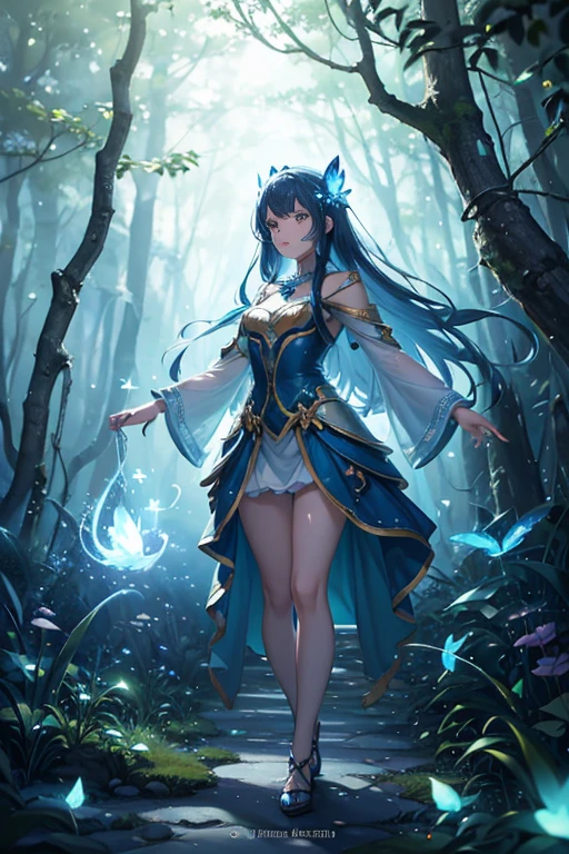 (best quality,4k,8k,highres,masterpiece:1.2),ultra-detailed,(realistic,photorealistic,photo-realistic:1.37),a girl walking on a path in the center of a forest,portraits,nature,sparkling leaves on the ground,glowing crystals scattered on the path,glimmering butterflies fluttering around,luminous stones in a cave,shimmering fairies dancing in the air,glowing spores floating in the atmosphere,brilliant blue butterflies flying by,twinkling eyes shining from every corner of the scene,crystals illuminating the surroundings,luminous fireflies creating a magical aura,twinkling figure in the distance,soft glow from fireflies illuminating the entire forest,bright and captivating anime landscape, of luminescence all around, enchanting glowing orbs,an extraordinary anime scene filled with mystique and radiance,shimmering plants and trees all around, luminous mushrooms growing along the path, illuminating the girl's way forward, diffused light adding depth and dimension to the scene, vibrant colors adding life to the surroundings.