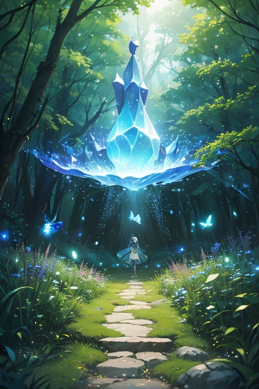 (best quality,4k,8k,highres,masterpiece:1.2),ultra-detailed,(realistic,photorealistic,photo-realistic:1.37),a girl walking on a path in the center of a forest,portraits,nature,sparkling leaves on the ground,glowing crystals scattered on the path,glimmering butterflies fluttering around,luminous stones in a cave,shimmering fairies dancing in the air,glowing spores floating in the atmosphere,brilliant blue butterflies flying by,twinkling eyes shining from every corner of the scene,crystals illuminating the surroundings,luminous fireflies creating a magical aura,twinkling figure in the distance,soft glow from fireflies illuminating the entire forest,bright and captivating anime landscape, of luminescence all around, enchanting glowing orbs,an extraordinary anime scene filled with mystique and radiance,shimmering plants and trees all around, luminous mushrooms growing along the path, illuminating the girl's way forward, diffused light adding depth and dimension to the scene, vibrant colors adding life to the surroundings.