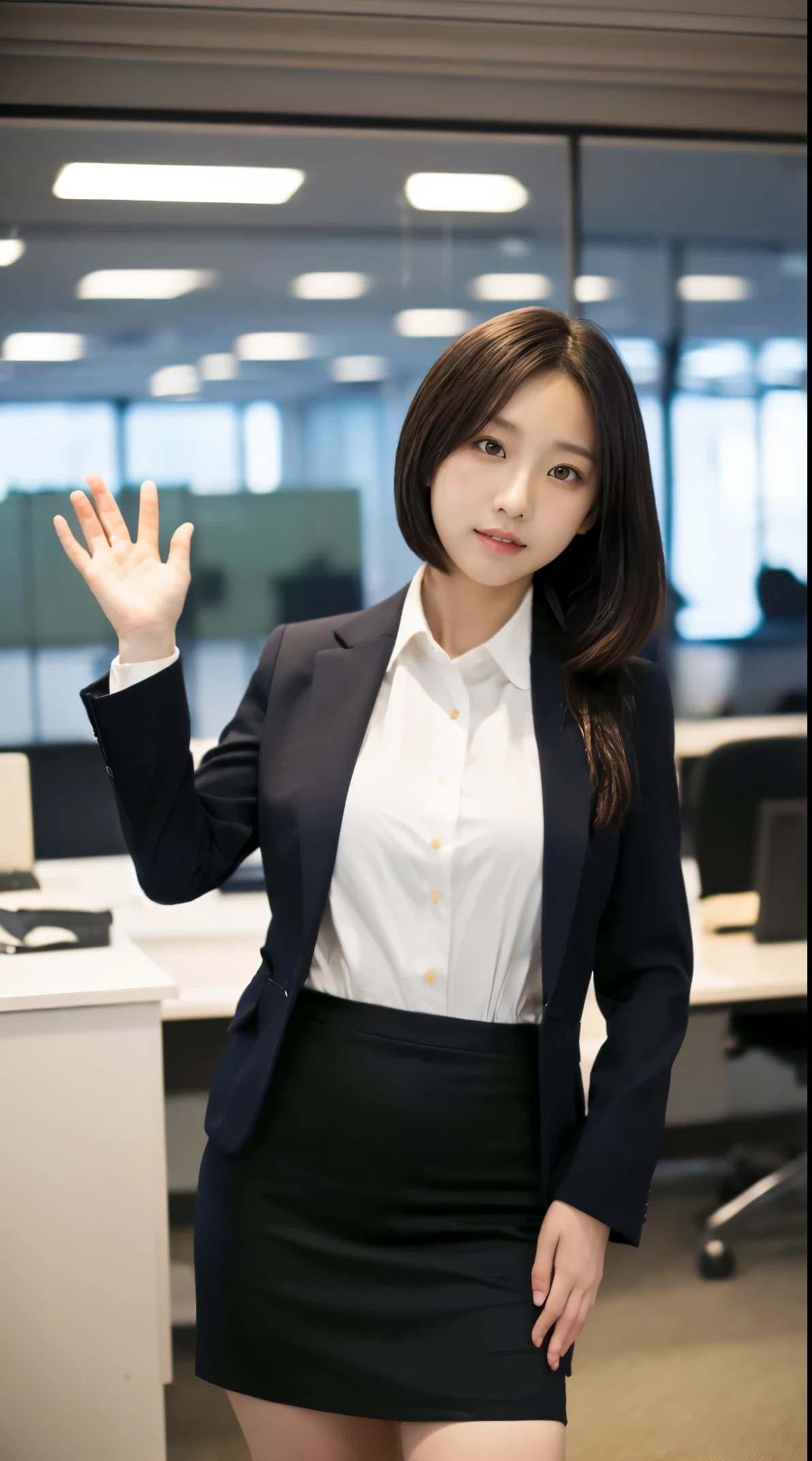 (masutepiece,High quality:1.3),(depth of fields:1.3) ,((front body:1.35)), Japanese ,woman, (Women's business black suits black midi skirt ,White collared shirt:1.2),Huge breasts,(Looking at Viewer:1.3),(full body:1.2),(Hands on hips:1.2) Inside the office by the window