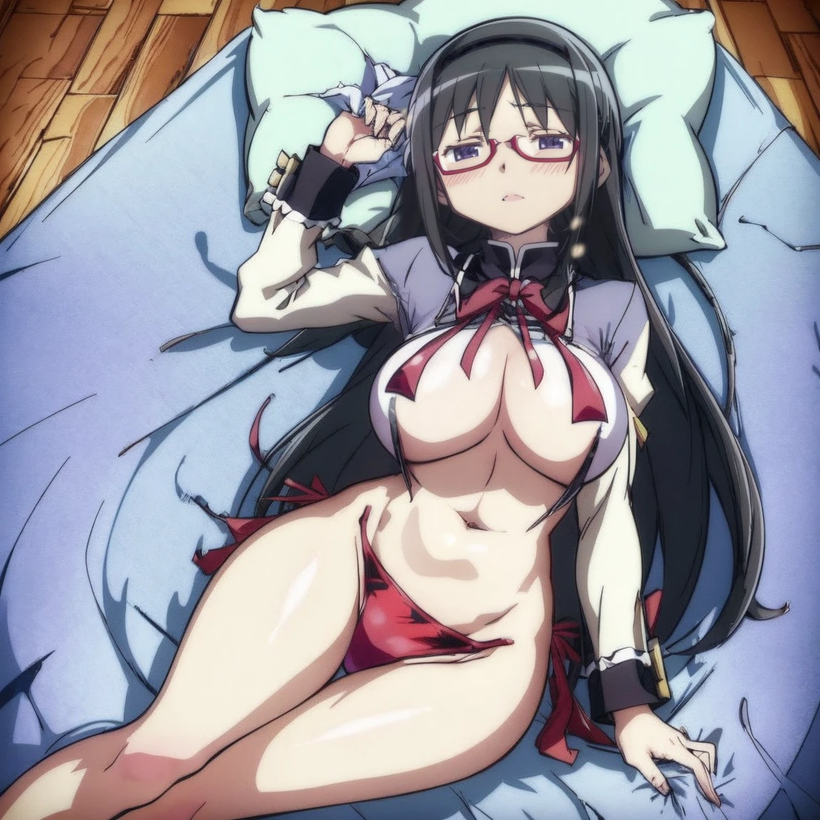 homura akemi, huge breast, golden bikini, curvy, resting in bed, full body