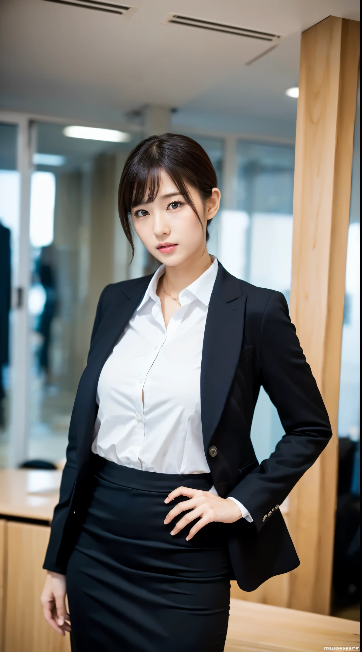 (masutepiece,High quality:1.3),(depth of fields:1.3) ,((front body:1.35)),  Japanese ,woman, (Women's business black suits black midi skirt ,White collared shirt:1.2),,(Looking at Viewer:1.3),(full body:1.2),(Hands on :1.2) Inside the office by the window