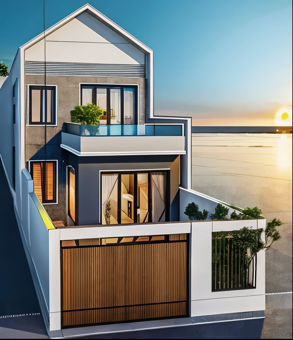 Modern house, vietnamese style, nice sky, sun, street, tree, city background, ultra hight resolution, 4k, 8k, realistic, photo-realistic