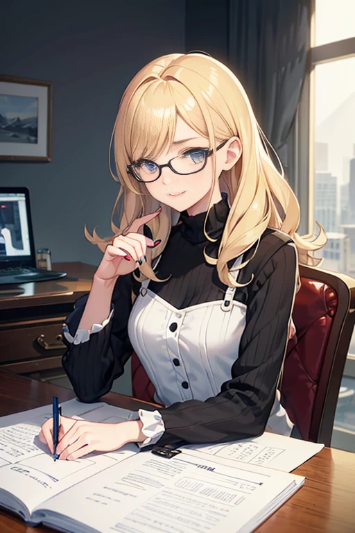A woman sitting at a desk with a laptop, in a cartoon style. (best quality,4k,8k,highres,masterpiece:1.2),ultra-detailed,realistic:1.37,hdr,studio lighting,vivid colors,bokeh,animated,anime,cartoon,portraits,fantasy,illustration,anime-style,laptop sitting on a desk,curved screen,female character,blonde hair,large round vibrant colored eyes,thin eyebrows,sweet smile,black rectangular glasses,pixel art,artistic background,pen in hand,notes and sketches visible on the desk,creative work atmosphere,fluid and energetic lines,playful and lively expression,soft and warm lighting,casting soft shadows,gentle color palette,pastel tones,artistic texture,stylish and modern desk setup,comfortable chair,beautifully detailed fingers and nails,attention to small decorative details,vibrant and dynamic pose,dedicated and focused expression,cute and appealing character design,stylized and exaggerated features,seamless blend of digital art and traditional media vibe,artistic brush strokes and texture effects.