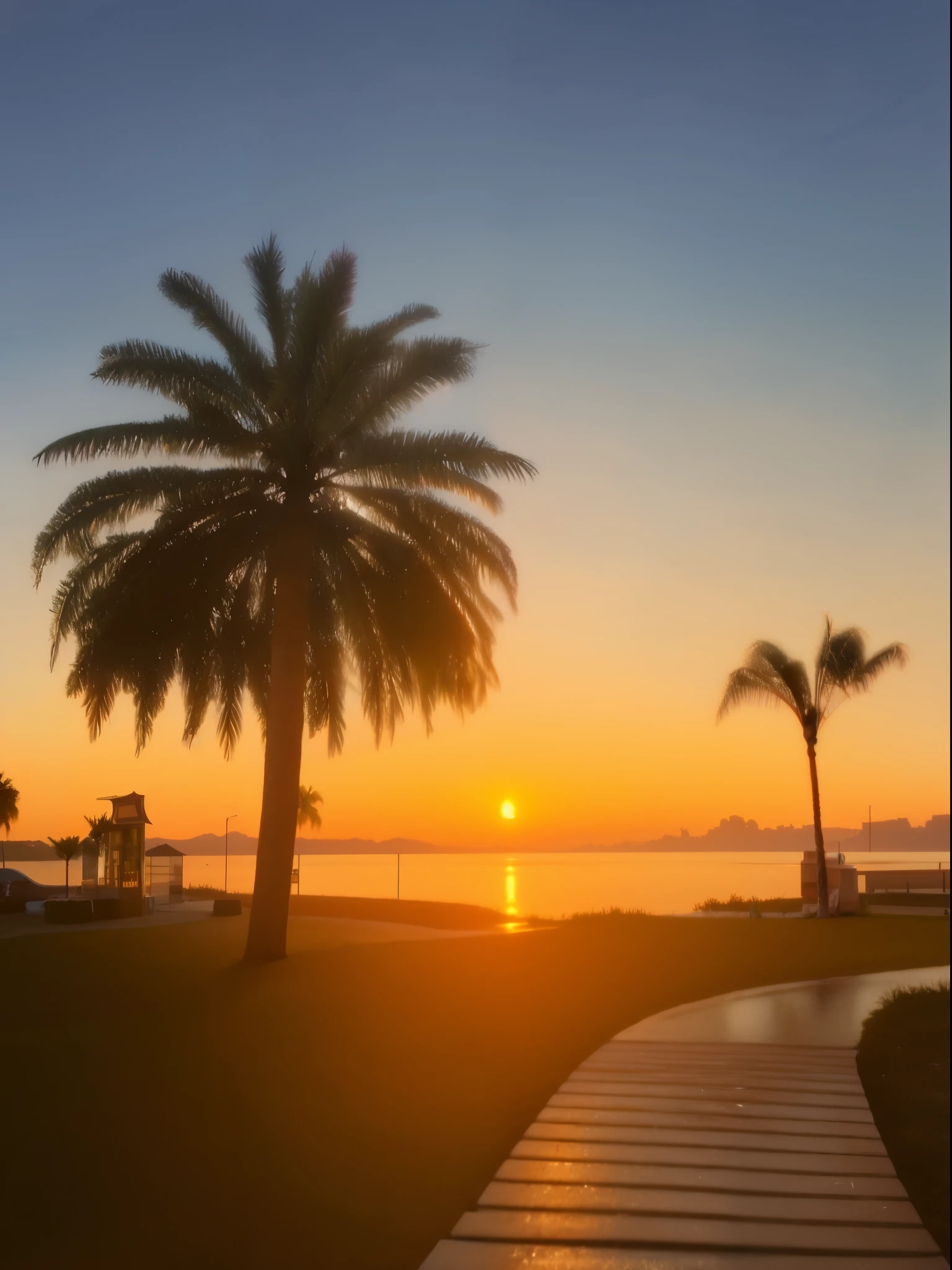 The path in front of the body of water is lined with palm trees, late sunset, sunsettime, golden time的日落照片, golden time, Photographed by iphone 1 ro, Photographed by iphone 1 ro max, golden time拍摄, golden time的阳光, golden time, late sunset, beautiful sunset, In the beautiful sunset, at sunrise