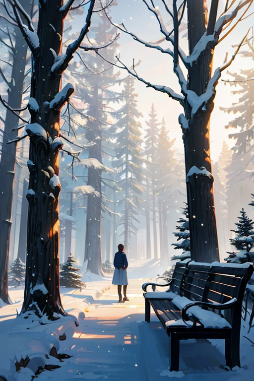 There is a wooden bench in the middle of the snowy forest, Shen Haicheng, ( ( Xinhai sincerely ) ), Xinhai sincerely. —h 2160, beautiful anime scenes, makoto shinkai movie, Makoto Shinkai's style, Subtle but eye-catching lighting, Xinhai sincerely, beautiful cinematic light