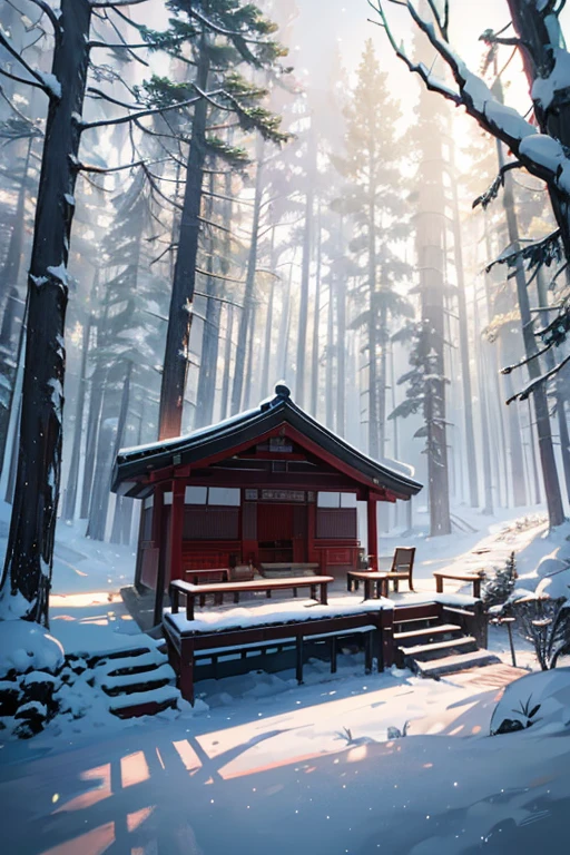 There is a wooden bench in the middle of the snowy forest, Shen Haicheng, ( ( Xinhai sincerely ) ), Xinhai sincerely. —h 2160, beautiful anime scenes, makoto shinkai movie, Makoto Shinkai's style, Subtle but eye-catching lighting, Xinhai sincerely, beautiful cinematic light