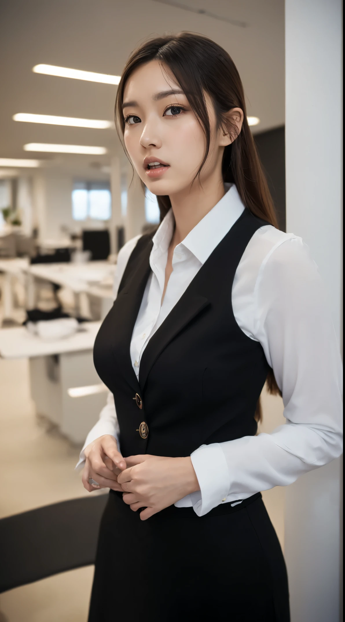 (masutepiece,High quality:1.3),(depth of fields:1.3) ,((front body:1.35)),  Japanese ,woman, (Women's business black suits black midi skirt ,White collared shirt:1.2),Huge breasts,(Looking at Viewer:1.3),(full body:1.2),(Hands on hips:1.2) Inside the office by the window