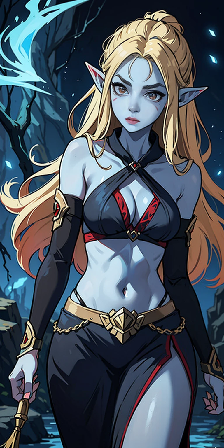 (masterpiece, best quality), intricate details, 1girl, sylvanas_windrunner_aiwaifu,colored_sclera,(blue_skin,colored_skin:1.1),red_eyes,glowing_eyes,large_breasts,long_hair,undead,glowing,pointy_ears,blonde_hair,elf,lips, black_sclera, edgVB, wearing edgVB, cleavage, underboob, sideboob, midriff, bikini, chains, tassel, blue skin, gray skin,