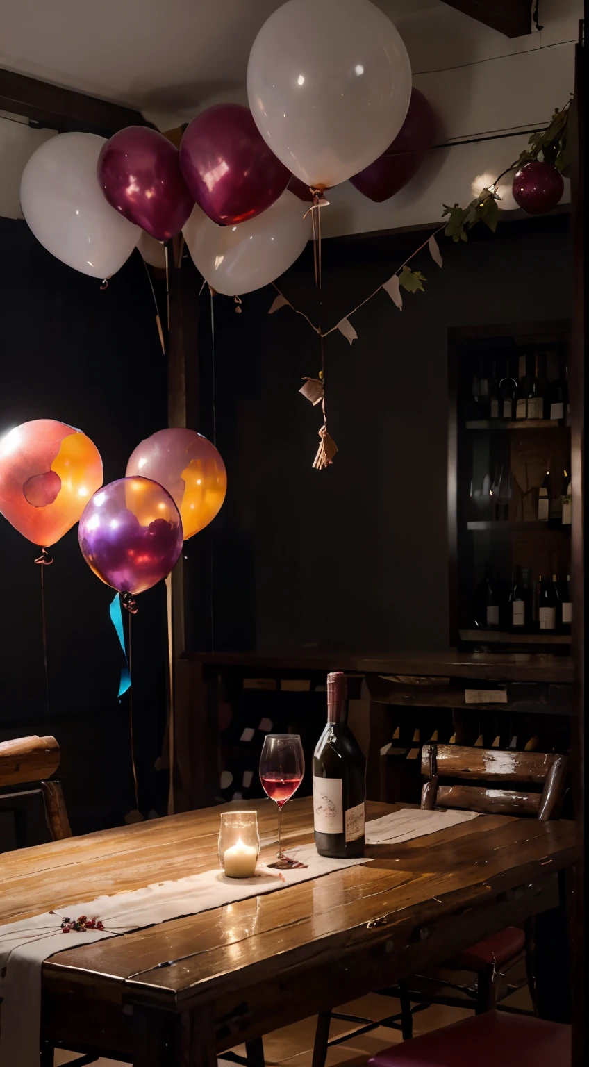 studio, Photography concept for black table, Streamers, Old logs, Several bunches of grapes, Grape leaves, A branch of red plum blossom, centered around a glass of wine, There were a few bottles of wine next to it, Light comes in from the left, Bright environment, New Year atmosphere, White balloons, Blue balloon, Red balloons