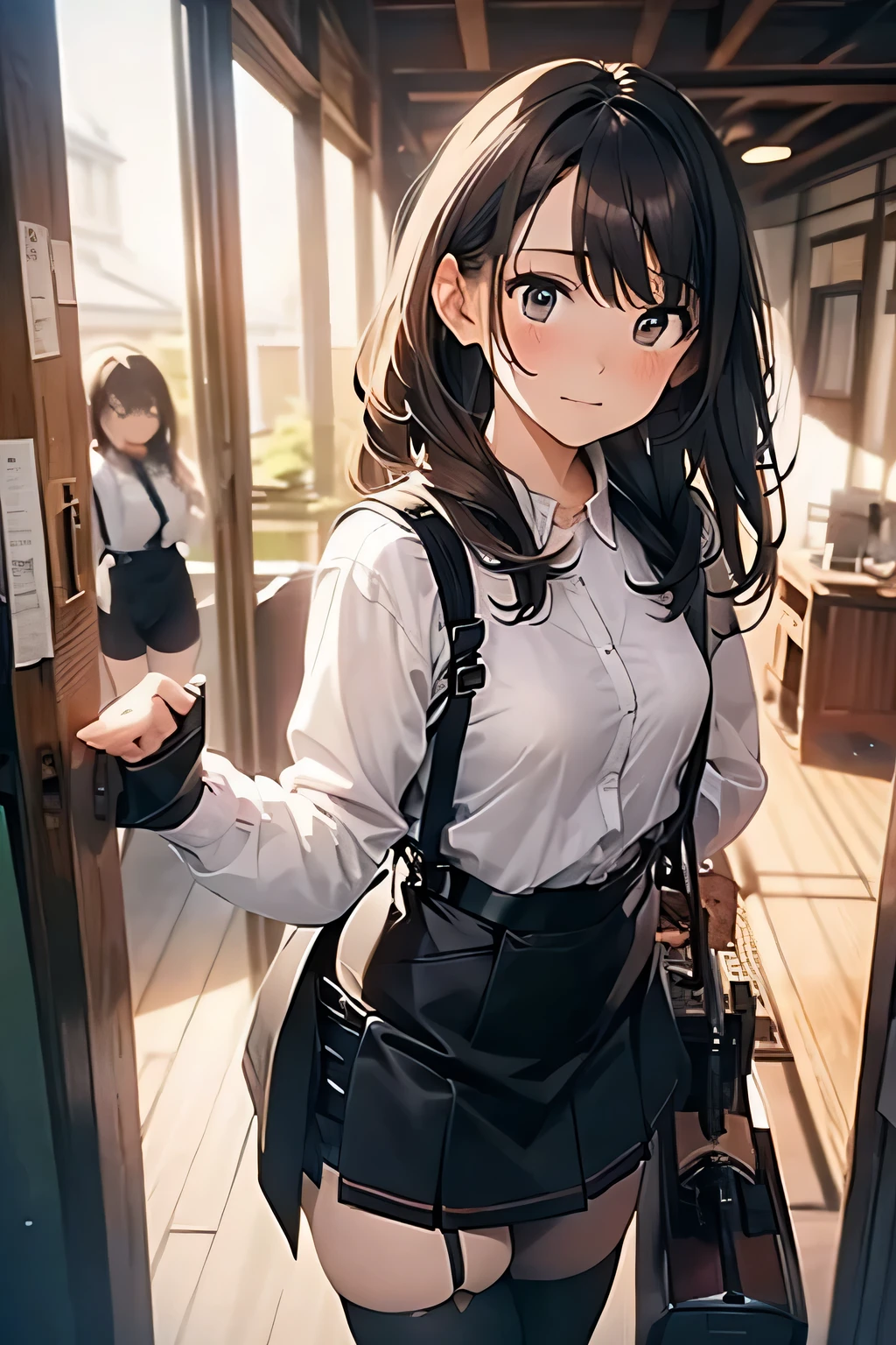 Brown hair、watching at viewers black suspenders bulging big tits walls: Black miniskirt garters Gaze a small face bangss holster Beautuful Women Hands up レッグholster ベッドに横たわる Gaze black boots panty shot Provocation flank flank汗 Soio arm is tilted Painful face